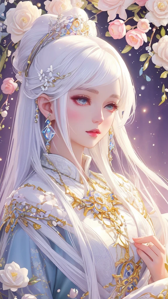Dazzling colorful lights,Intricate details,whole像、White hair with crystal details,Beautiful woman,There are white flowers in her hair,Pale skin,Light background,Fantasy art style,Kawajiri's wonderful illustrations,pastel colour,Inspired by anime aesthetics,Mysterious Light,Fantasy Style,clavicle,Exposed shoulders,Floating Feather,Shine in different colors,Anime Style.,Front angle of view、超High resolution,Textured skin,Attention to detail,Highest quality,Highest quality,Look forward、Wearing a kimono and facing the camera、whole bodyの角度はカメラを向いて、口を開けて話しながら目をつぶってmeditation、Joining hands in prayer, Portraits, whole, smile, Speaking with a wide open mouth, Bringing images to humans、One girl, High resolution, Closed eyes, close your eyes、歯を出してsmile、手と手を合わせclose your eyesmeditation、Body facing the front camera、Healing、whole body、Prayer Pose、Close your eyes、Look in this direction、Close ~ eyes立ち絵, Closed eyes, Open your mouth a little, Smiling with teeth showing, close your eyes顔を寄せる, Close ~ eyes、Close your eyes、close your eyes、Close your eyeeditation、