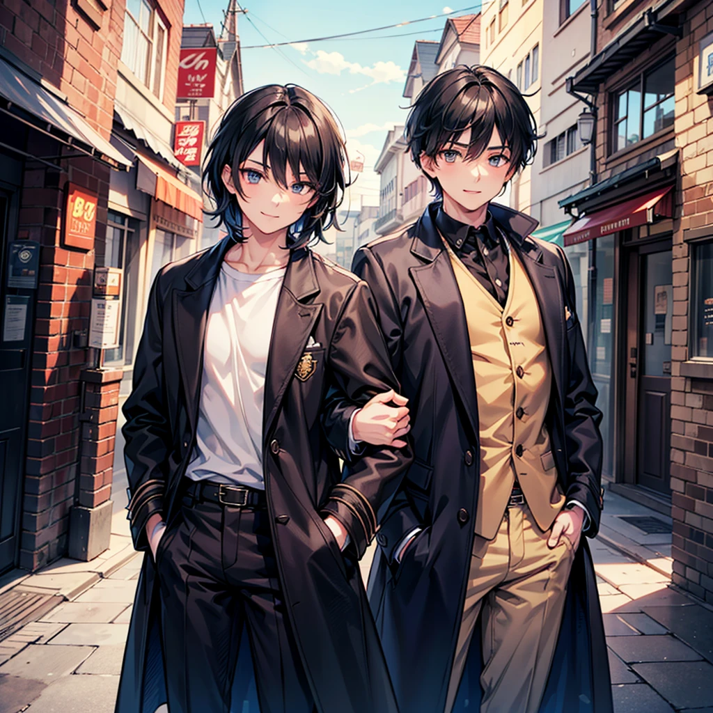 Anime art style,Highest quality,High resolution,Anatomically correct,One Man,Twenty generations,good looking,Spiky hair,Black Hair,Gentle smile,A rich expression,Black long coat,White innerwear,Put your hands in your coat pockets,Eyes drawn in detail,8k
