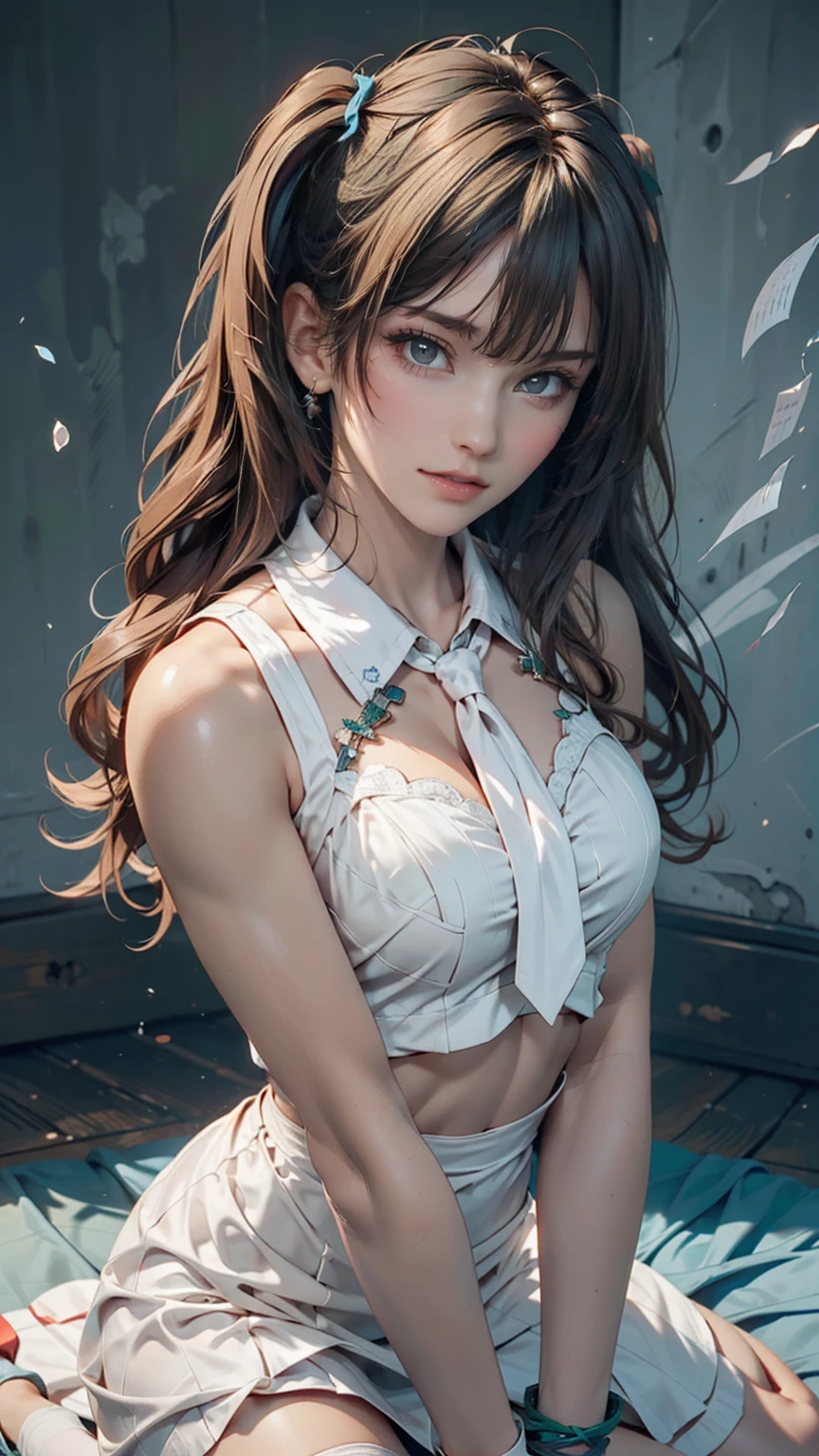 Innocence, Dark green hair, Twin tails, Put your arms behind your back, White Dress, Black waist tie, girl,blue eyes,Sexy proportions、Top view、Pop pastel color background、Cute Pumps、Wristband、Anime poster style、Speed