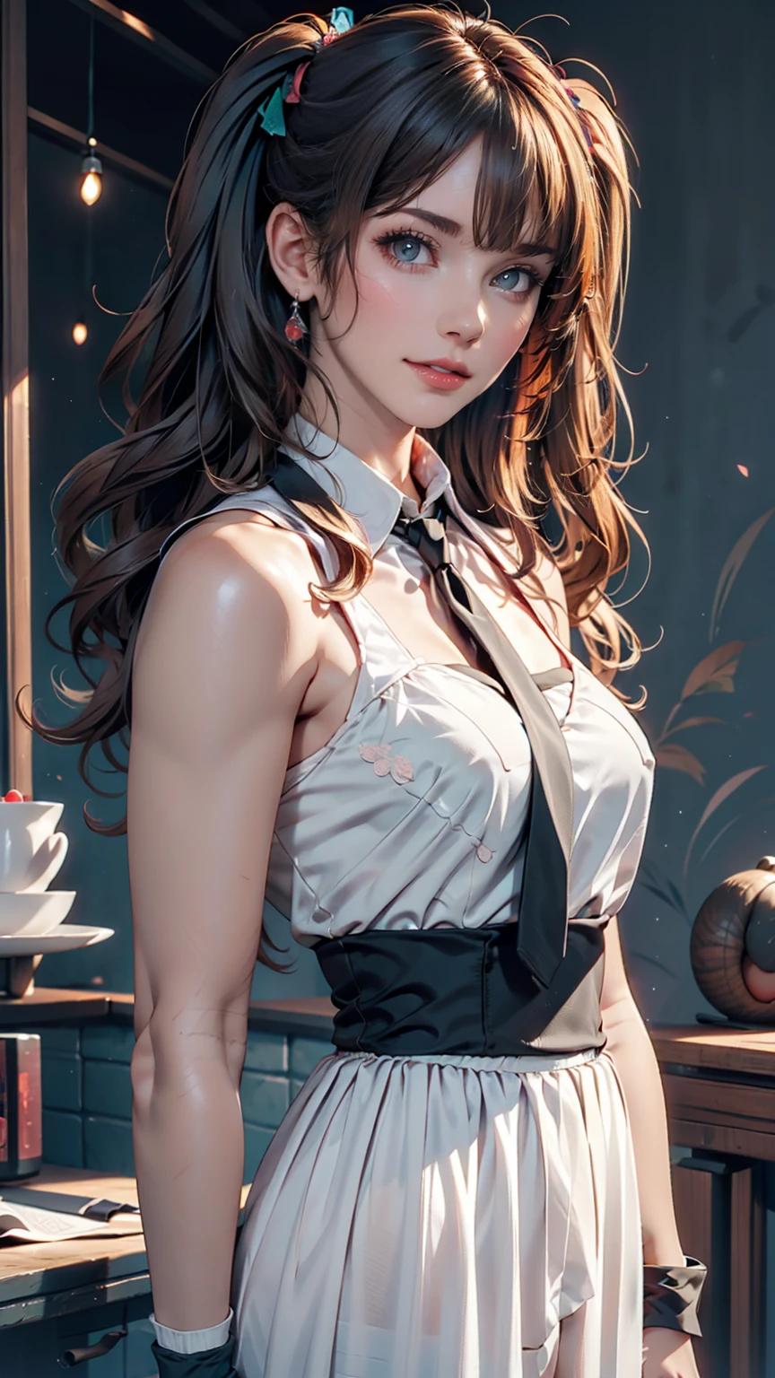 Innocence, Dark green hair, Twin tails, Put your arms behind your back, White Dress, Black waist tie, girl,blue eyes,Sexy proportions、Top view、Pop pastel color background、Cute Pumps、Wristband、Anime poster style、Speed