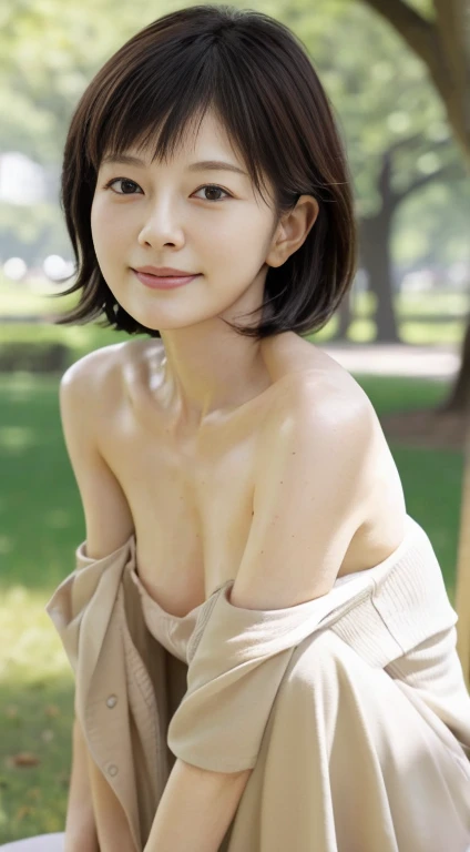 (Japanese),(Age 35), (Slender women), (Small Tits),(She hardly ever wears makeup),(With nasolabial folds),Thin lips,smile,Semi-long hair,Black Hair,(she is in a bright park),(sitting on a park bench),(She has small breasts), (Small Head),  (Realistic),(Sharp focus), clavicle, (Detailed face), Natural and realistic skin texture, Soft Face,  Upper body naked、Nipples