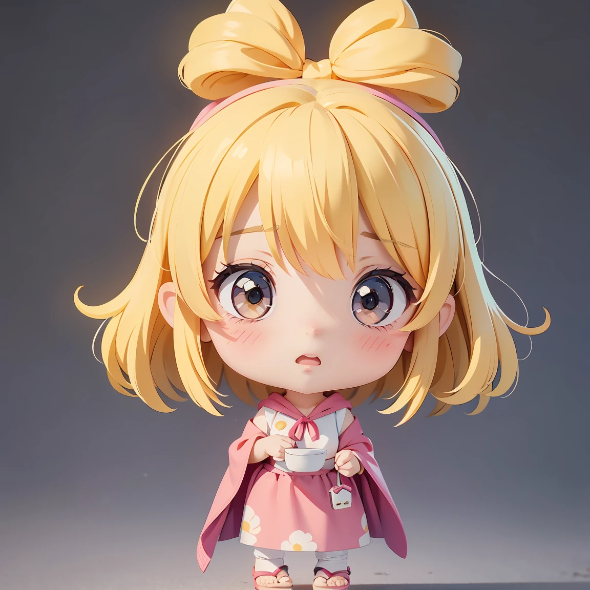 Super Chibi Character:1.8、wearing cute sandals、All-over simple and light color background:1.8、Blonde Hair、Cute 7 year old girl、Random cute outfits、Super Chibi Character:1.8、Sandals with ribbon、Troubled face:1.8、Troubled face:1.8
