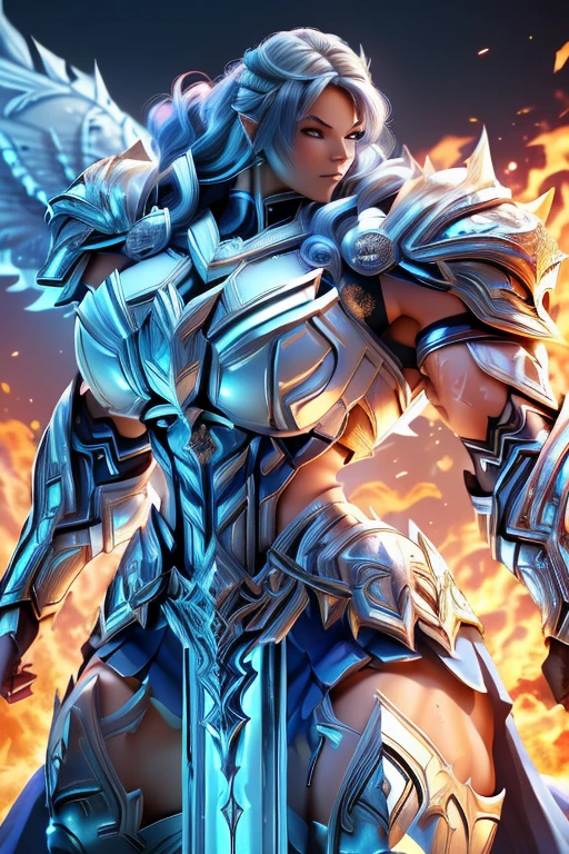 (((Massive, tall, beautiful, buff, muscular, pale white skinned asian female Valkyrie with royal blue hair, ginormous bulky muscles, holding a fire sword and wearing an all royal blue gleaming Valkyrie armor and pleated skirt))), ((close-up)), black eyeliner, massive muscles, massive biceps, hyper muscle triceps, (long curly wavy hair), white eyes, valkyrie boots, In heaven, steel Valkyrie armor, armor breastplate, nighttime, confident smile, (hyper muscles arms), hyper muscle legs, (ginormous arms)