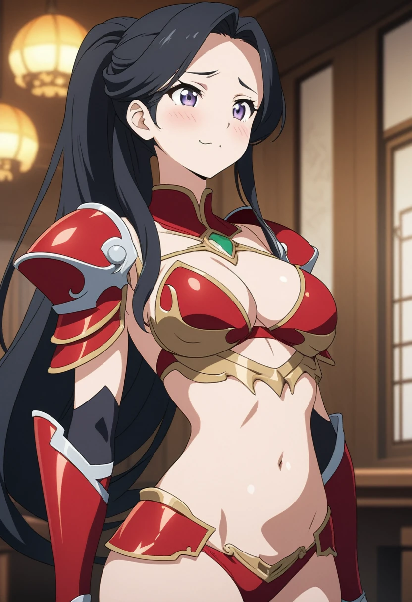 nsfw,8k,Masterpiece,(Red Bikini),A woman wearing separate armor,Mature Woman,28 years old,Bikini Armor, The world of fantasy games set in another world,Sexy anime characters,Slender figure,Cleavage,belly button,ponytail,Black Hair,Long Hair,Shy smile,Flushed Cheeks, Knight Girl, Very detailed fan art, Detailed digital anime art, Anime Goddess, Anime illustration, Girl in Armor,Beautiful expression right down to your fingertips,Staring at the audience