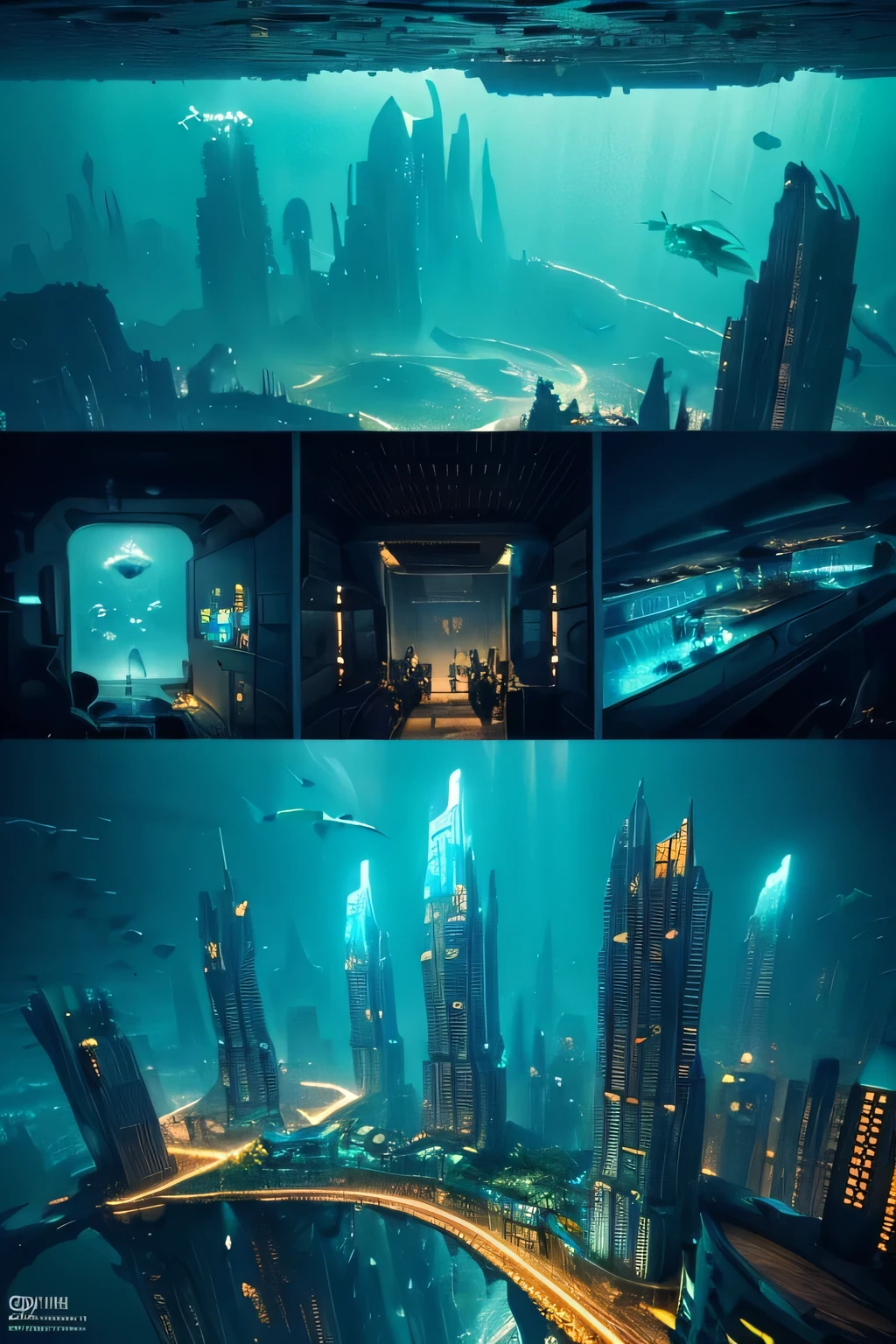 a highly detailed underwater city, a futuristic underwater metropolis, a technologically advanced underwater civilization, a sprawling underwater urban landscape, an intricate network of futuristic underwater skyscrapers and buildings, a submerged city with gleaming towers and domes, a surreal aquatic metropolis with luminescent architecture, an underwater utopia with a vibrant marine ecosystem, a visually stunning underwater cityscape, a majestic underwater city with an otherworldly aesthetic, a breathtaking underwater city with a sense of scale and grandeur, a mysterious and captivating underwater urban environment, a fantastical underwater city with a sense of wonder and discovery, a submerged technological marvel with intricate details, a serene yet awe-inspiring underwater metropolis, a stunning underwater cityscape with a sense of depth and perspective, a futuristic underwater city with a blend of organic and synthetic elements, a captivating underwater cityscape with a sense of architectural elegance, a visually stunning underwater city with a sense of depth and realism, a technologically advanced underwater city with a sense of futuristic wonder, a highly detailed and photorealistic underwater city, (best quality, 8k, highres, masterpiece: 1.2), (realistic, photorealistic, photo-realistic: 1.37), intricate details, hyper-realistic, cinematic lighting, dramatic lighting, volumetric lighting, aquatic, underwater, aquatic landscape, aquatic architecture, futuristic, sci-fi, concept art, digital art, surreal, fantastical, detailed, vivid colors, vibrant colors, striking colors, dramatic colors