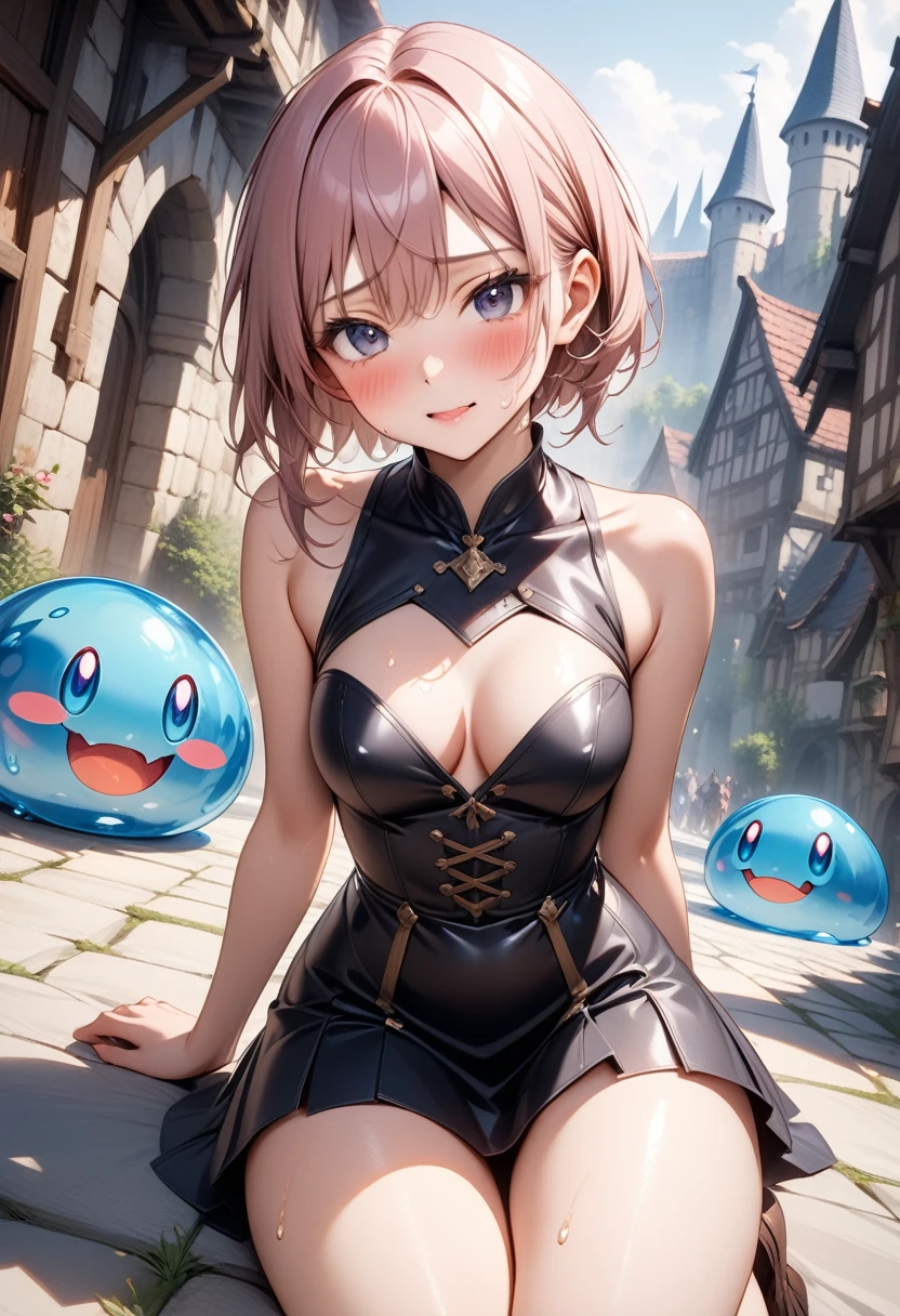 (((Very realistic slime))), ((Fantasy-style fantasy world)), (((Fantasy Costumes, skirt))), ((Shiny Costumes)), (Being attacked by slime), skindentation, skinny, solo, 1 woman, Masterpiece, highest quality, highest quality, 16K, incredibly absurd, highly detailed, 2.5D, ai-generated, delicate and dynamic, very delicate facial expressions, delicate eye depiction, erotic, only sexy woman, ((A cute and kind face)), healthy figure, ((25-year-old woman)), 160cm tall, medium firm swaying bust, blush, Sweat,Embarrassed,sexy, ((thin thighs)), (camel toe:0.7), (visible nipples:0.5), (Erect nipples,:0.7), shiny and lustrous, facing straight at viewer, (((in heat))), ((Oily_skin)), ((dutch angle)), ((erotic pose)), ((Fighting slime)), ((Daytime plateau in a fantasy world of medieval Europe)),sit,