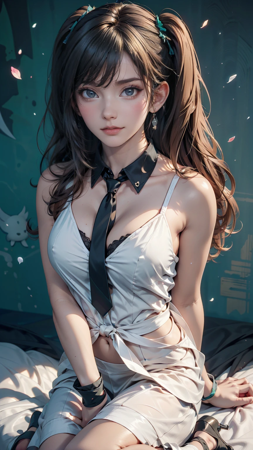 Innocence, Dark green hair, Twin tails, Put your arms behind your back, White Dress, Black waist tie, girl,blue eyes,Sexy proportions、Top view、Pop pastel color background、Cute Pumps、Wristband、Anime poster style、Speed