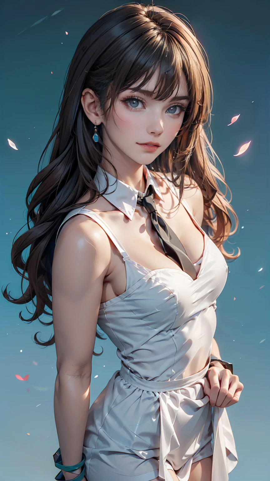 Innocence, Dark green hair, Twin tails, Put your arms behind your back, White Dress, Black waist tie, girl,blue eyes,Sexy proportions、Top view、Pop pastel color background、Cute Pumps、Wristband、Anime poster style、Speed