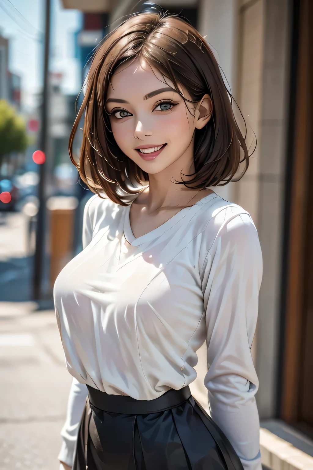 (8k, RAW Photos, Highest quality, masterpiece, Realistic, Photorealistic), (1 female), (Ultimate beauty), middle aged, Highly detailed face, (Perfect Teeth), Beautiful Eyes, double eyelid, eyelash, smile, Lip details, Brunette Bob, Light on the face, Big Breasts, ((Summer sweater and tight mini skirt)), ((Cowboy Shot)), (background: Resort Hotel Lobby), ((Written boundary depth))