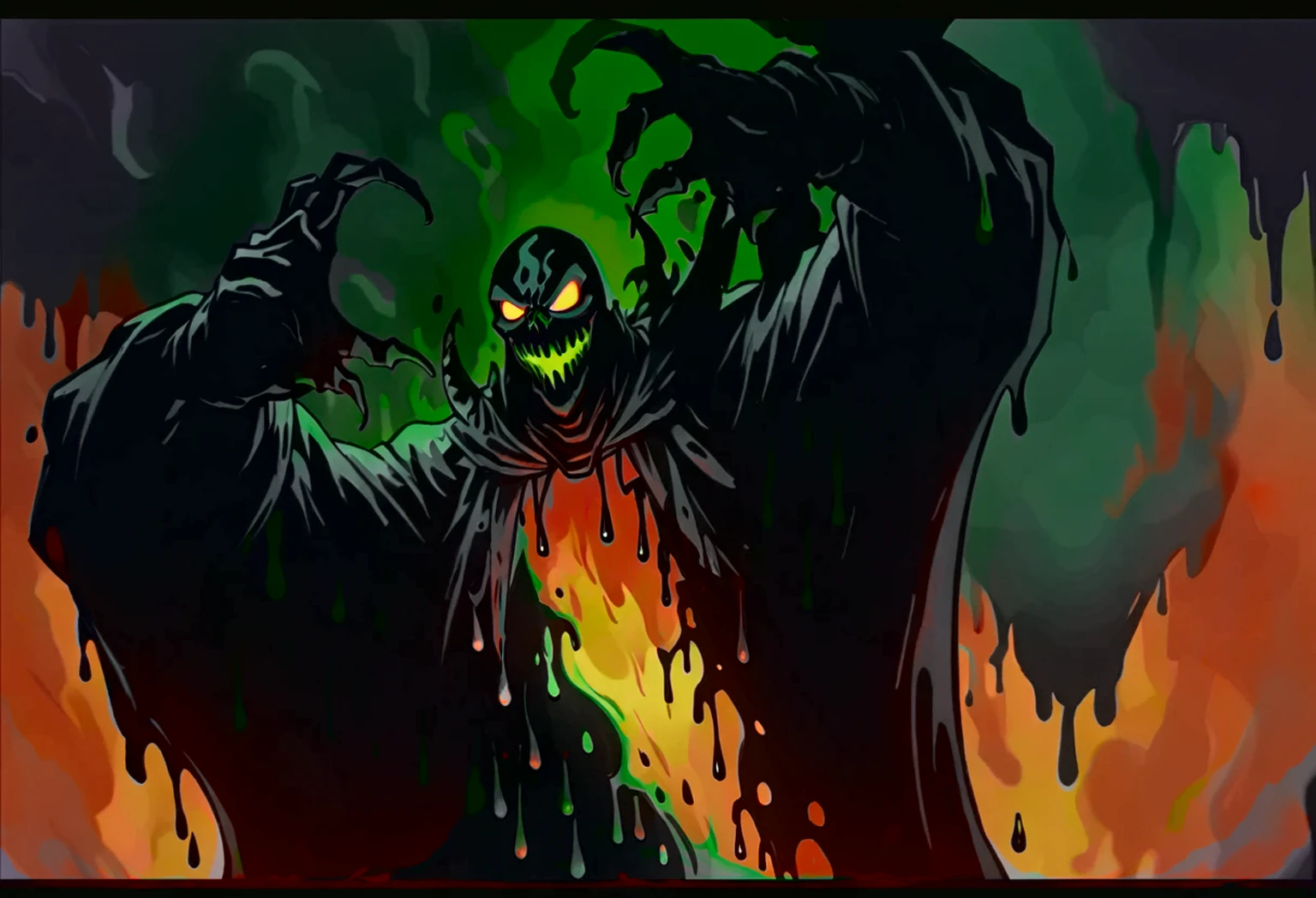 ooze, black oil, slime, dripping, melting, unsettling, hexxus, villain, darkness, dim fiery glow, abyss, void, overwhelming, cartoon sinister,