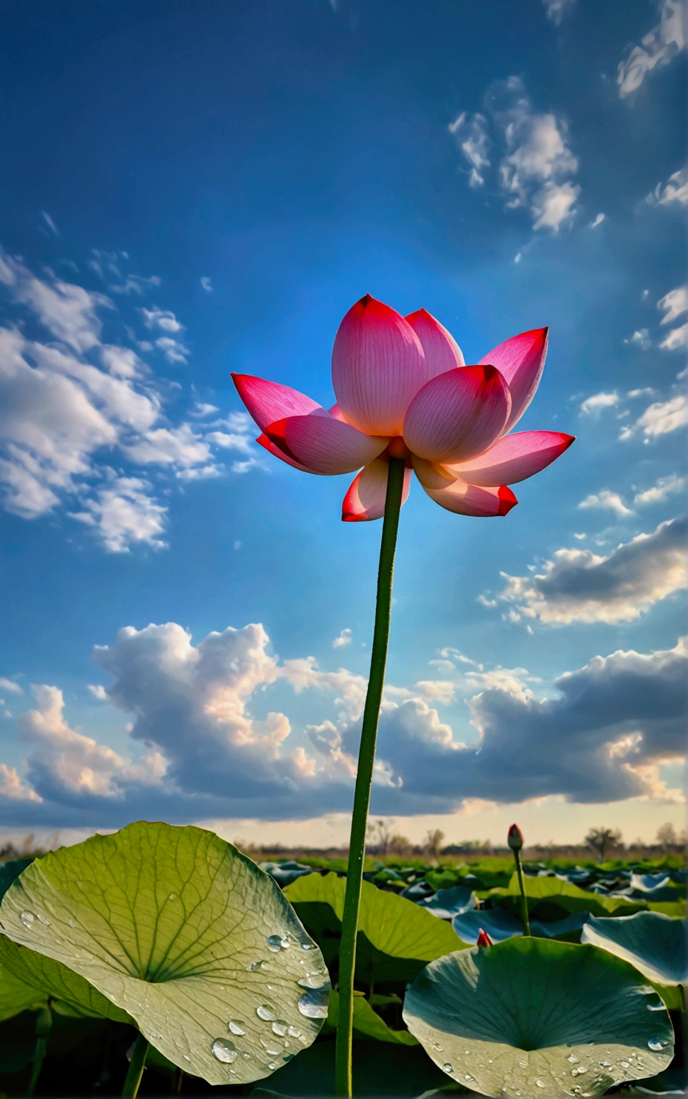 Upward Shot，A small red lotus flower is covered with water droplets，very clearly，There are colorful clouds in the sky，Real photography，Picture life，Real and natural，best quality, high resolution
