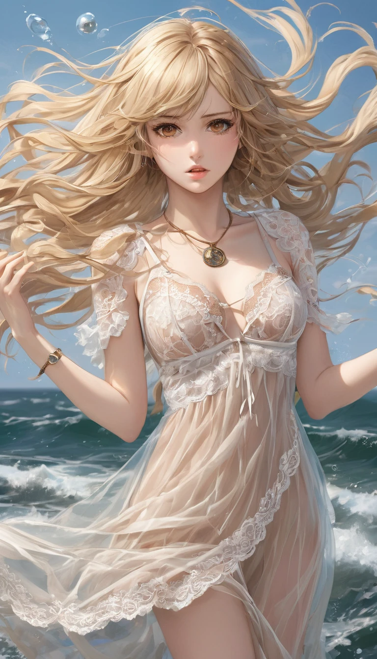 ( Absurd , high quality , Super detailed, Watch your hands )Zodiac sign - Gemini Goddess , Similar to the goodness of Latin , alone . Curious, Skillful, Humorous, Fascinating, Imaginative faces , Sometimes unrealistic, Restless, Nervous, Careless style , mature , Light brown eyes , Long Hair , Light blonde hair , Transparent dress , Lace Lingerie , In the windy sea , whole body , Sexy expression ,