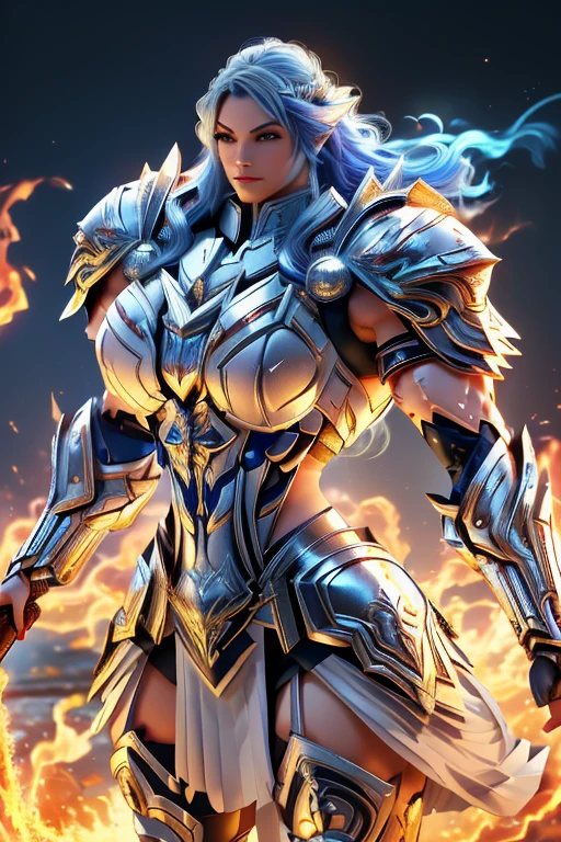 (((Massive, tall, beautiful, buff, muscular, pale white skinned asian female Valkyrie with royal blue hair, ginormous bulky muscles, holding a fire sword and wearing an all royal blue gleaming Valkyrie armor and pleated skirt))), ((close-up)), black eyeliner, massive muscles, massive biceps, hyper muscle triceps, (long curly wavy hair), white eyes, valkyrie boots, In heaven, steel Valkyrie armor, armor breastplate, nighttime, confident smile, (hyper muscles arms), hyper muscle legs, (ginormous arms)