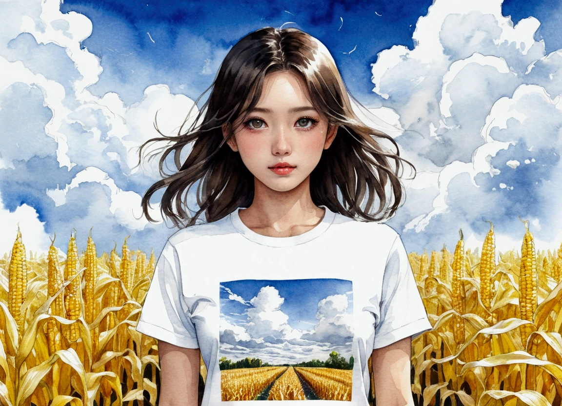 Heat rush　Hazuki　August　Corn field　Yellow corn　blue sky　cumulonimbus　White T-shirt　Very cute Japan woman　Clear skies　Woman with beautiful eyes　Eyes with attention to detail　Elegant colors　Hand drawn watercolor sketch　Highest quality　