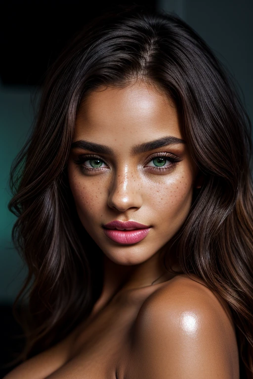 (UHD, retina, masterpiece, accurate, anatomically correct, textured skin, super detail, high details, high quality, best quality, high res, 1080P, HD, 4K, 8k, 16k), (gorgeous mixed supermodel, beautiful detailed green eyes, beautiful detailed lips, extremely detailed eyes and face), glossy lip gloss, y pouty lips, studio lighting, physically-based rendering, vivid colors, (HUGE sagging bre(lace plunge bra), (Medium Shot, side swept shiny hair, shiny skin, blush), (bokeh), eye reflection,, dark atmosphere, highly detailed skin texture, extreme details, perfect breast, daned skin, light freckles,, ultra detailed skin texture, soft lights, flush skin,