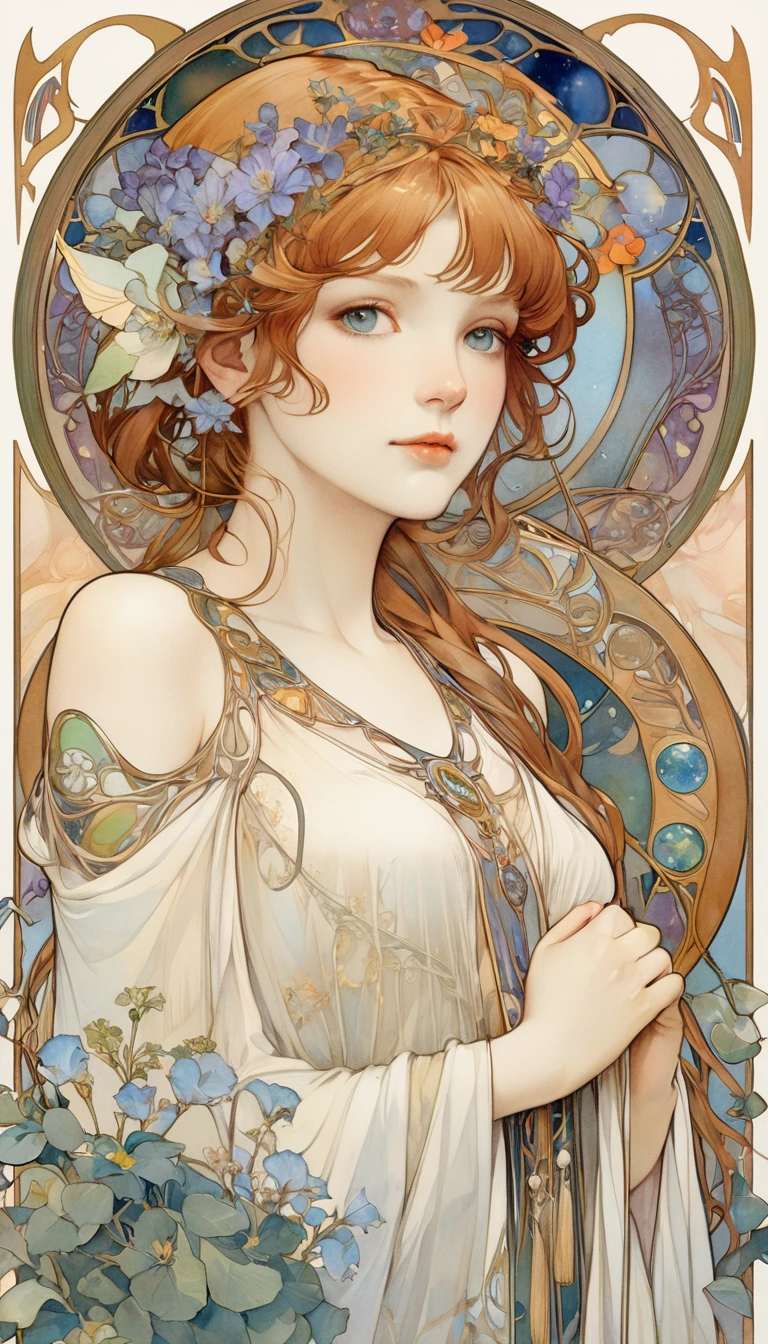 Depicts a beautiful woman with flowers in her hair、Highly detailed watercolor painting, The style of Alfons Maria Mucha and Gustav Kirmut, Art Nouveau accents, Fairy Princess, Anthropomorphic woman, Female figure, Detailed cover artwork, As the Flower Goddess, Alphonse Mucha, Gustav Klimt, Pale skin, Marble sculpture, society, Gothic art, Art Nouveau, Behance Contest Winner