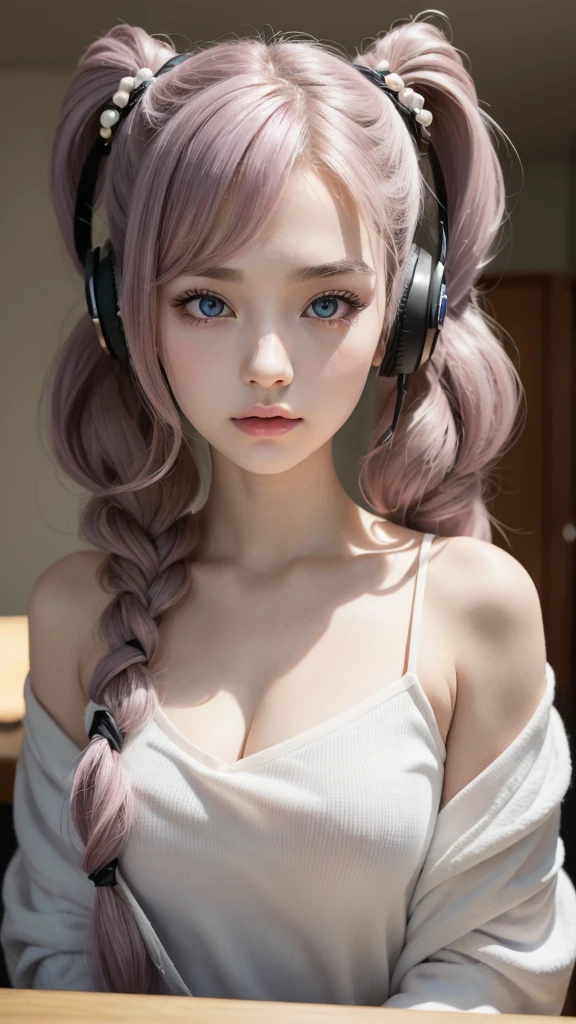 (In her room at home, a beautiful girl wearing a white shirt and black skirt puts on headphones and sings passionately into a microphone on her desk with a sly expression, posting the image on social media.) (The beautiful girl is 18% Japanese, 26% French, 56% Ukrainian, , 178cm tall, small bust, but has a good figure and a beautiful, well-balanced figure.) (Her hair is pink ash gray, super long, tied in twin tails with a black ribbon, and curls in a spiral toward the ends.) (Her eyebrows are the same color as her hair, thin, slightly thick, and short, and her eyelashes are long.) (Her large blue eyes reflect the light of the lighting and are amazingly beautiful, like pearls.) (Her nose is high like an English person, her lips are plump and shaped so that you want to kiss them, her skin is translucent white, and the balance between her head and face is based on traditional Japanese aesthetics.) The number of fingers is also noted, neither too many nor too few, and is expressed very delicately. (Single, Masterpiece, Ultra Detailed, Highest Quality, Artistic Composition, Ultra Precision, Realistic, Photorealistic, High Resolution, Dynamic Lighting Effects, Golden Ratio, Surreal). Try your best to meet all these criteria.