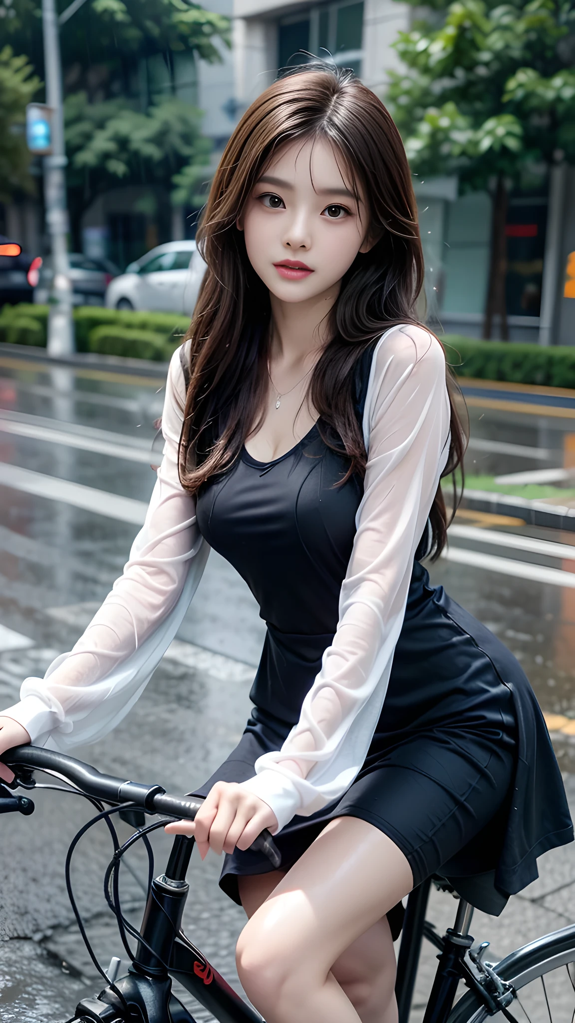 ulzzang-6500-v1.1, (RAW photo: 1.2), (Real photo), (Real photo: 1.4), 1 girl、Perfect anatomy、18 years old、Looking at the camera、Medium length hair, Wet hair in the rain, dress, is pushing the bikecycle, ((on the street, in the rain: 1.1)), (Soaked clothes: 1.2), (Business service)、Asian eyes Ella,