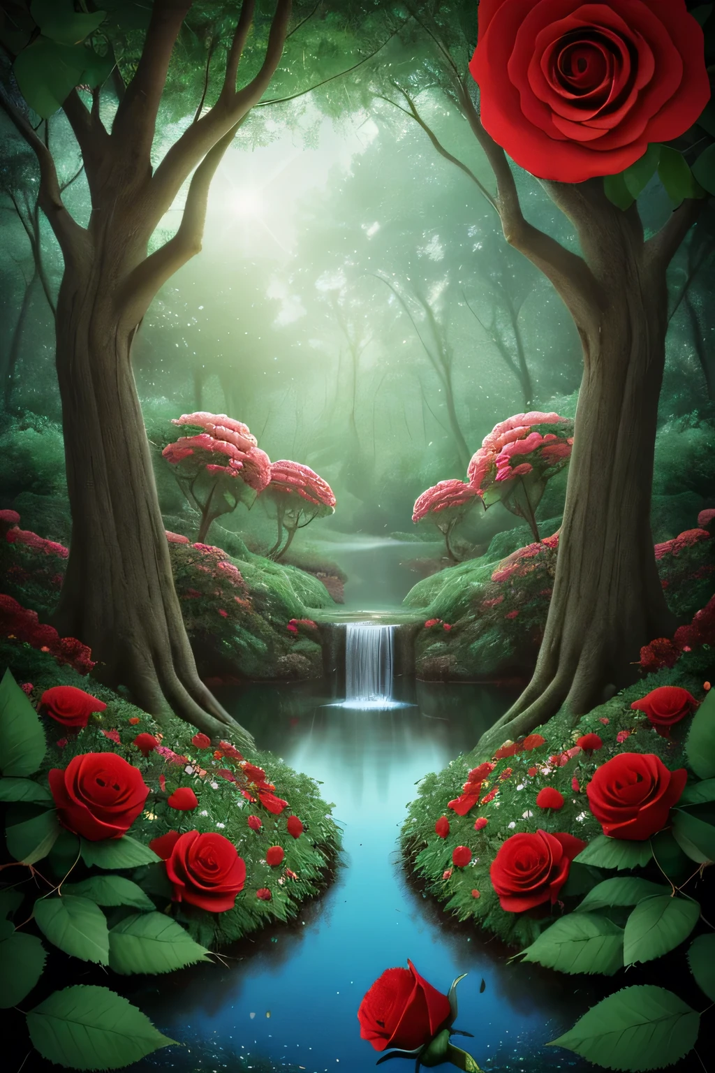 Fairy planet, trees and RED ROSES, water, smell sweet and fresh, soft sound of the birds