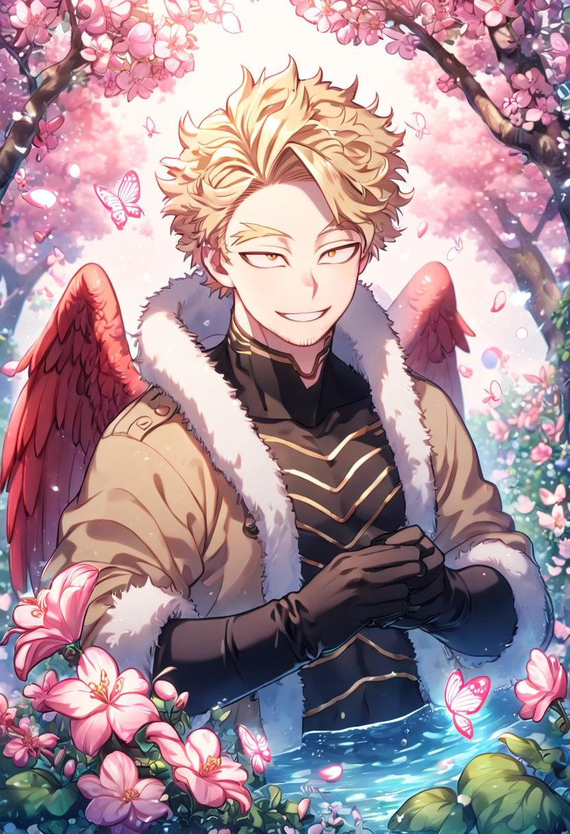 absurdres, highres, ultra detailed, HDR, master piece, best quality, extremely detailed face, delicated features, Hawks, ash-blonde hair, expressive golden brown eyes, faint stubble, red wings, Boku No Hero Academia, solo, sexy man, handsome, brown coat with fur collar, black tight shirt with patterns, black gloves, smile, fantasy, magical, pink butterflies, spring, pink leaves, pink flowers, water, garden