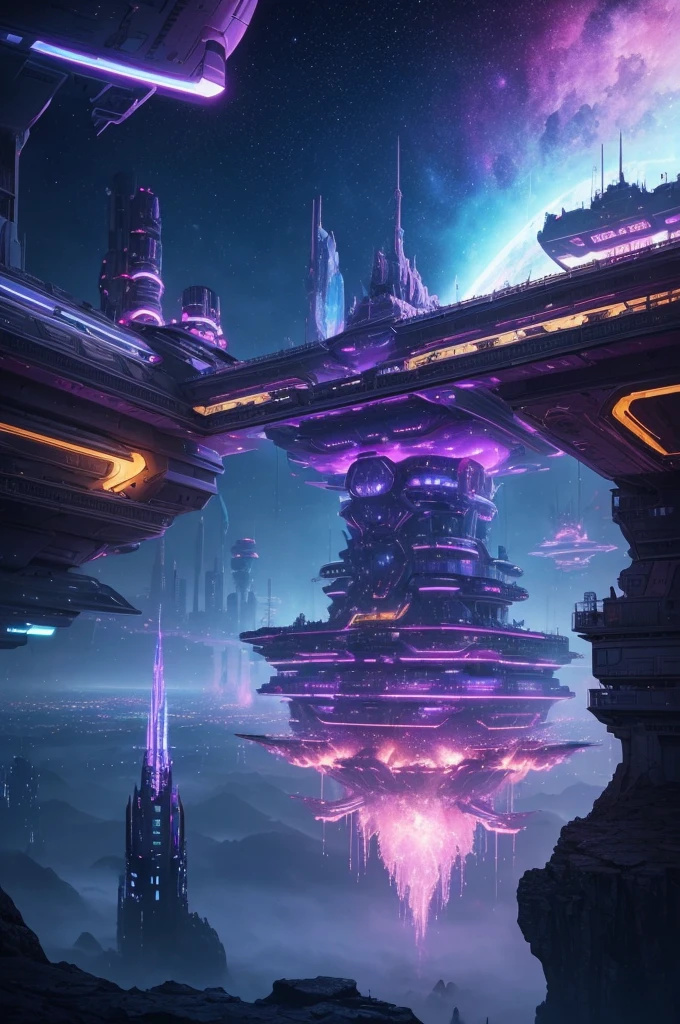 ((work of art)), (detailded),((best possible quality)), Create a surrealistic futuristic scene where a floating city is lit by colorful nebulas. Add advanced architectural details and flying vehicles. The color palette should be predominantly purple and blue, with bright and ethereal elements