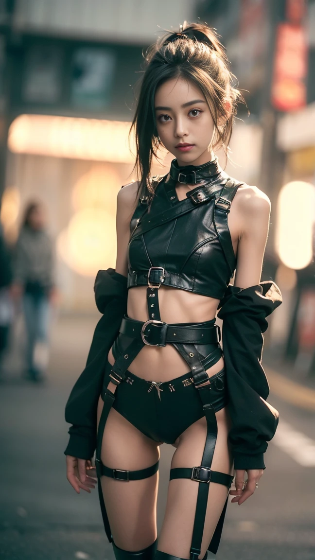 (Basement, dungeon, prison), young skinny girl, ((top quality, 8k, masterpiece: 1.3)), crisp focus: 1.2, (beautiful skinny girl: 1.4), (skinny abdomen: 1.2), (big head), (small waist: 1.4), (thigh gap: 1.6), (small hip: 1.6), ((layer cut: 1.2)), (wet body: 1.2), highly detailed face and skin texture, detailed eyes, ponytail hairstyle, BDSM, slave, black tight shiny latex harness, ( big buckles:1.4), (exposed abs, navel:1.2), (suspended by arms, hogtied, bdsm:1.4), (full length),