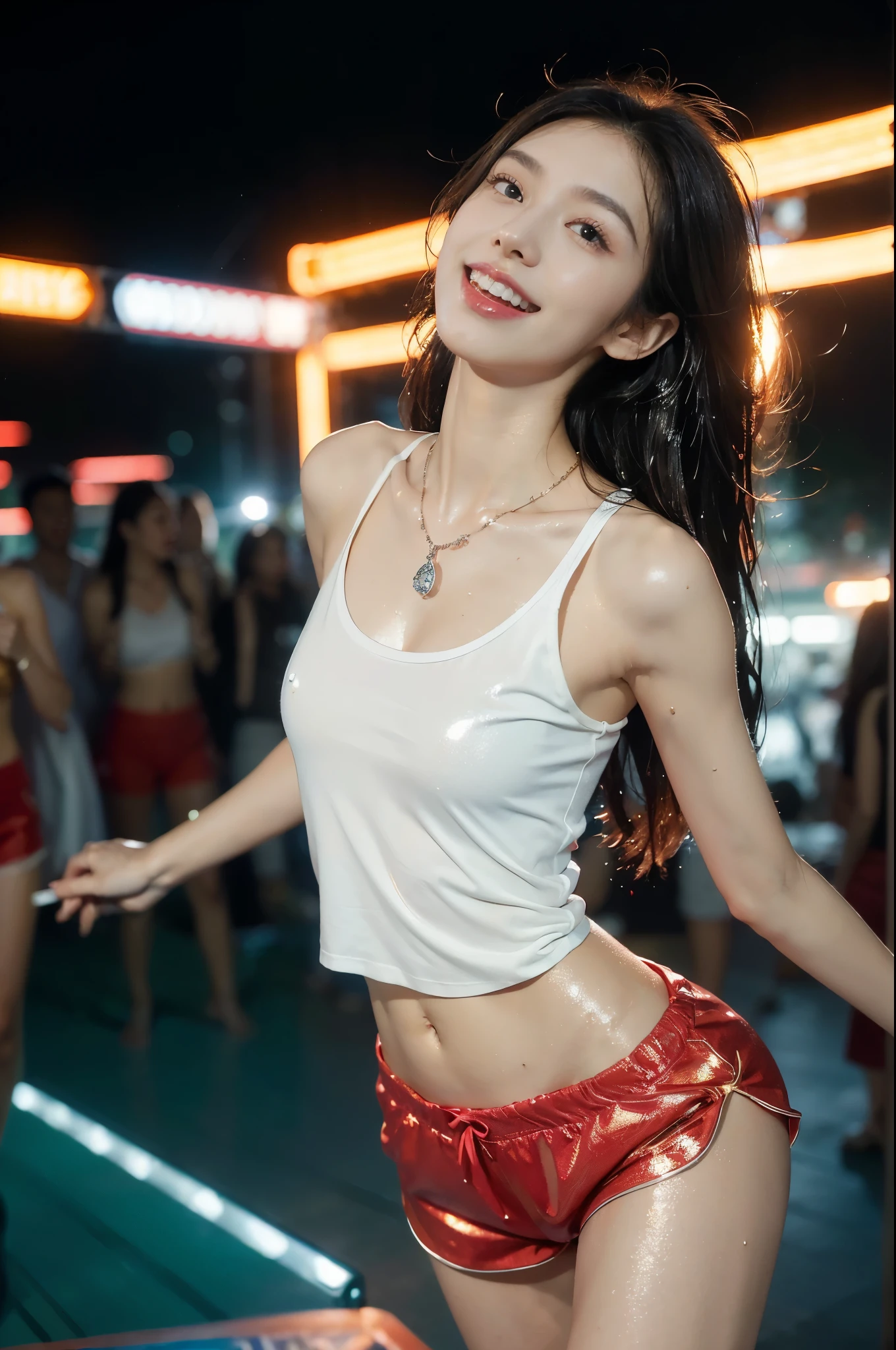 (((best quality))),(((ultra detailed))),(((masterpiece))),illustration,((1 beautiful girl,solo)),(shoulder-length straight hair:1.1),((slim,thin)),((small breasts,flat chest)),(necklace:1.2),((sweat,wet)),(shiny skin:1.5),(white tank top:1.3),(red shorts:1.3),(slender legs:1.2),(in nightclub:1.3),(neon lights:1.3), energy,(standing:1.3),(laughing:1.2), conversation, thumping bass, sun-kissed skin, tanned legs,delicate features, grace, confidence, excitement, pulsating lights, capturing attention, vibrant atmosphere, center of attention,(summer:1.3),(night scene:1.3), adventure, frozen moment,((from front,upper body)),(surrounded by crowded crowds:1.3)