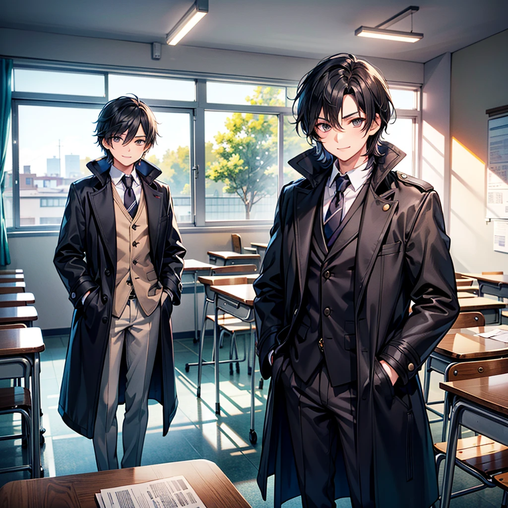Anime art style,Highest quality,High resolution,Anatomically correct,One Man,Standing alone in the classroom,Twenty generations,good looking,Spiky hair,Black Hair,Gentle smile,A rich expression,Black long coat,White innerwear,Put your hands in your coat pockets,Eyes drawn in detail,8k