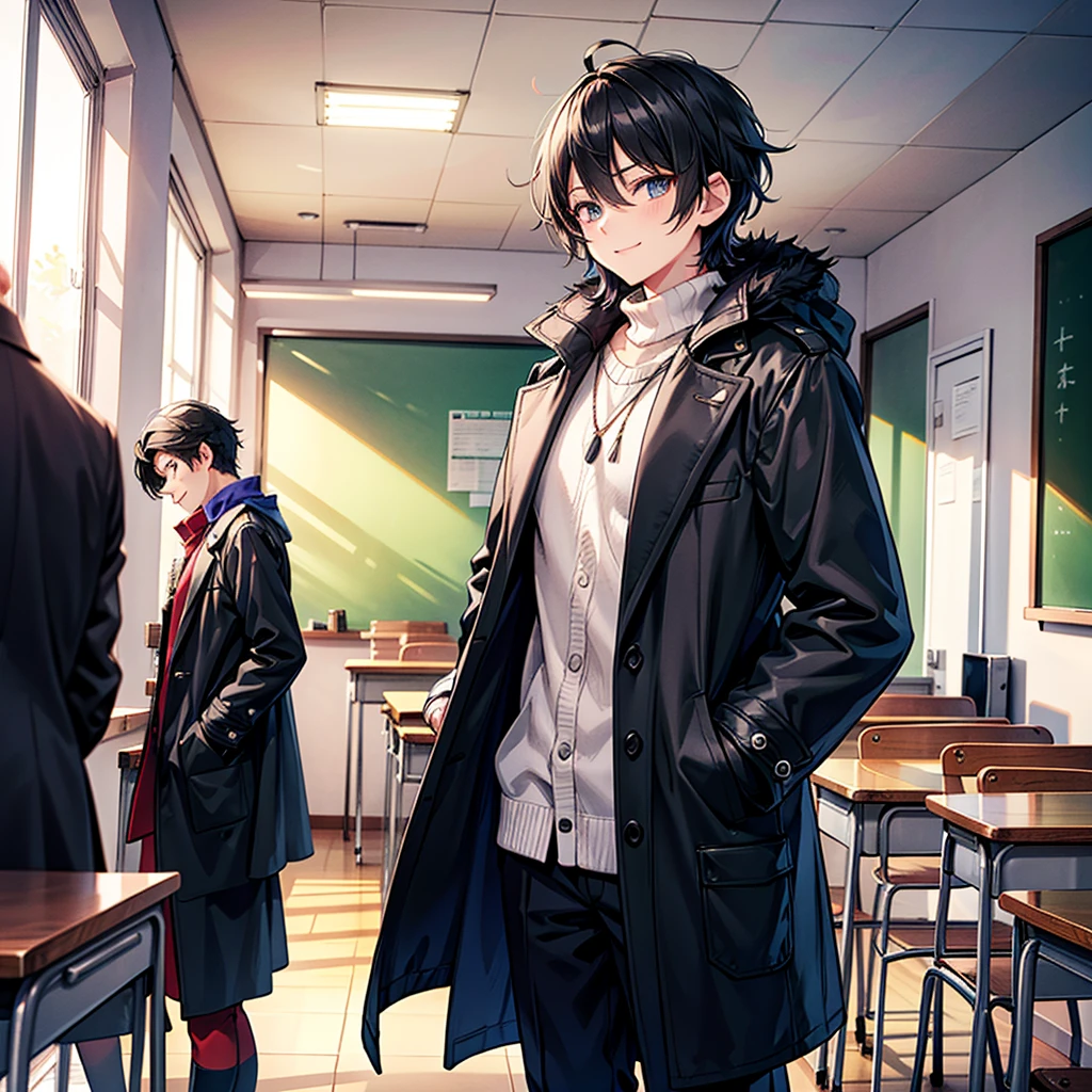 Anime art style,Highest quality,High resolution,Anatomically correct,One Man,Standing alone in the classroom,Twenty generations,good looking,Spiky hair,Black Hair,Gentle smile,A rich expression,Black long coat,White innerwear,Put your hands in your coat pockets,Eyes drawn in detail,8k