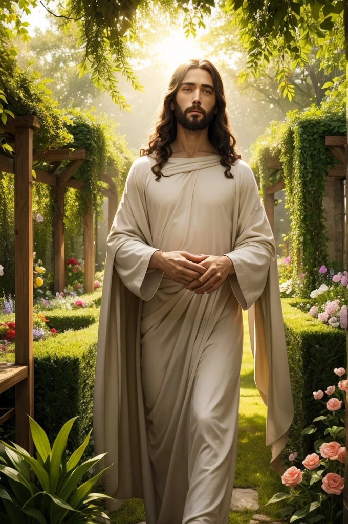 Jesus in a beautiful garden with radiant sun