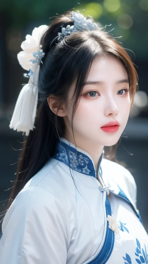 Blue and white porcelain style，Chinese Clothing，The costumes are blue and white in theme，Chinese Art Style，Fashion model 18 years old [[[[Close-up cleavage]]]], [[[[breast]]]], [[[[Cole]]]], [[[[Shoulder]]]], Perfect eyes, Perfect Iris，Perfect lips，Perfect Teeth，Perfect skin，Fair skin，Soft headlight，HDR，girl，White hair，Sad expression，Background is outdoor，White powder wall，Light blue flowers，4K ultra HD, Ultra-high resolution, (Reality: 1.4), best quality，masterpiece，Super dilution，（Pastel colors：1.2）