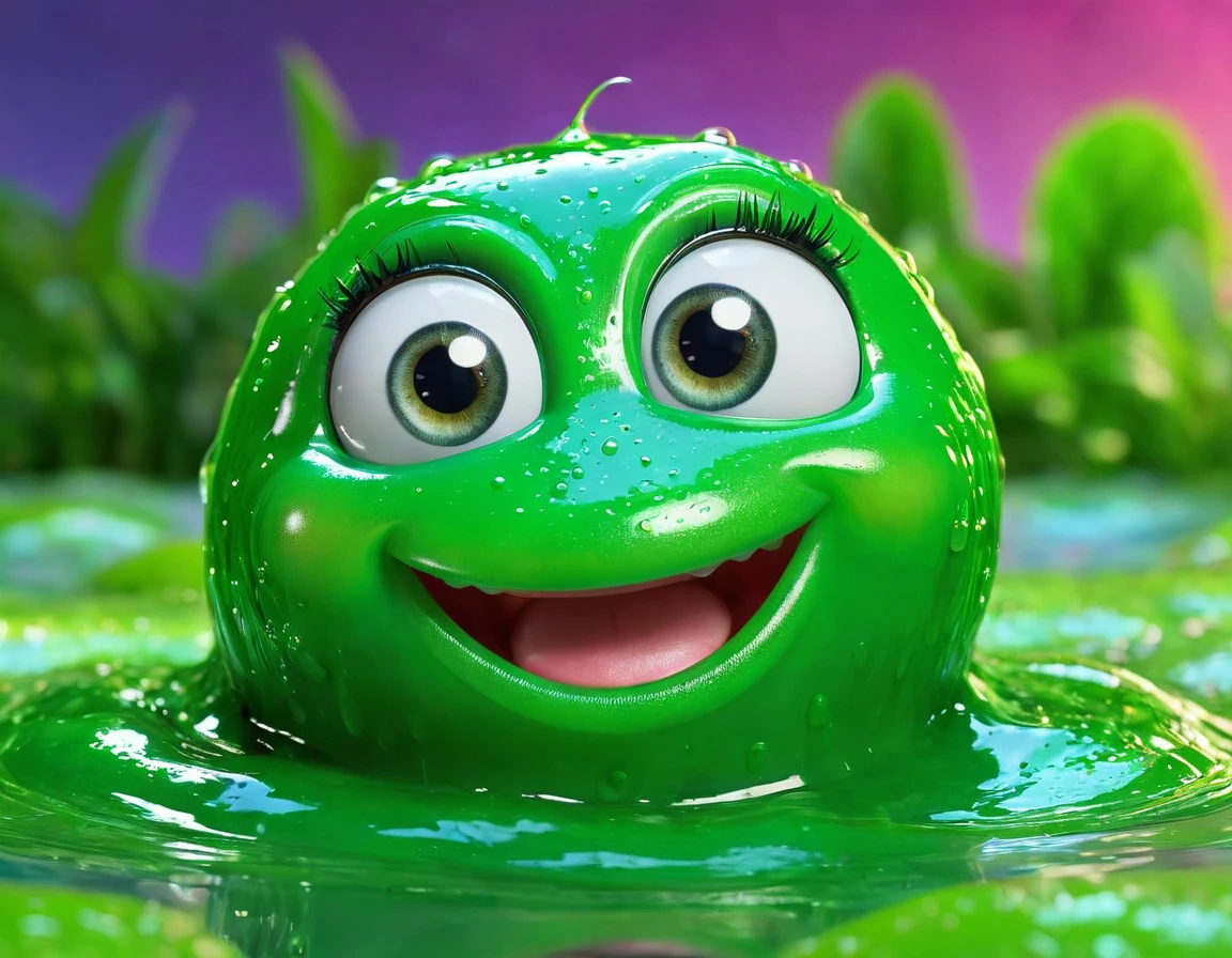 a cute green slime, gelatinous texture, shiny and gooey appearance, innocent expression, large expressive eyes, adorable smile, playful and mischievous, floating in mid-air, colorful background, dynamic lighting, vibrant colors, (best quality,4k,8k,highres,masterpiece:1.2),ultra-detailed,(realistic,photorealistic,photo-realistic:1.37),cute,whimsical,fantasy