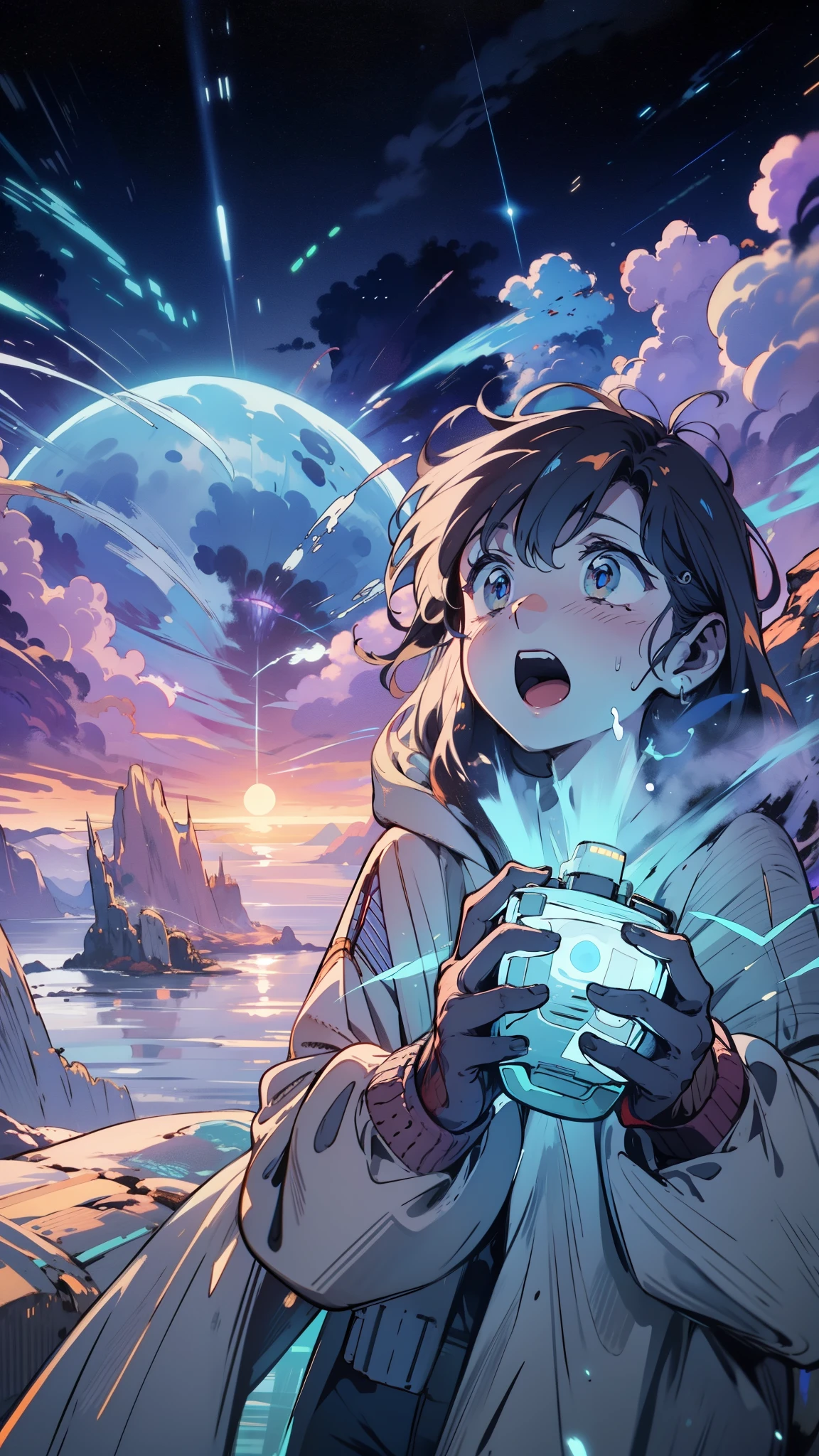 In a futuristic landscape, a character gazes up at a frozen planet, clutching a glowing tech gadget with wide, surprised eyes. The sky is filled with turbulent clouds, and the air crackles with an otherworldly energy as a storm brews, fantasy world, dark background, clean design, epic, artstation, colorful paint splatter, silhouette, hyper detailed intricate details, unreal engine, fantasy, splash screen, complementary colors, deviantart masterpiece, oil painting, heavy strokes, paint dripping, indifferent expression