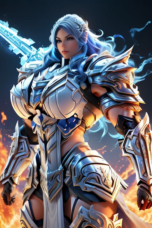 (((Massive, tall, beautiful, buff, muscular, pale white skinned asian female Valkyrie with royal blue hair, ginormous bulky muscles, holding a fire sword and wearing an all royal blue gleaming Valkyrie armor and pleated skirt))), ((close-up)), black eyeliner, massive muscles, massive biceps, hyper muscle triceps, (long curly wavy hair), white eyes, valkyrie boots, In heaven, steel Valkyrie armor, armor breastplate, nighttime, confident smile, (hyper muscles arms), hyper muscle legs, (ginormous arms)