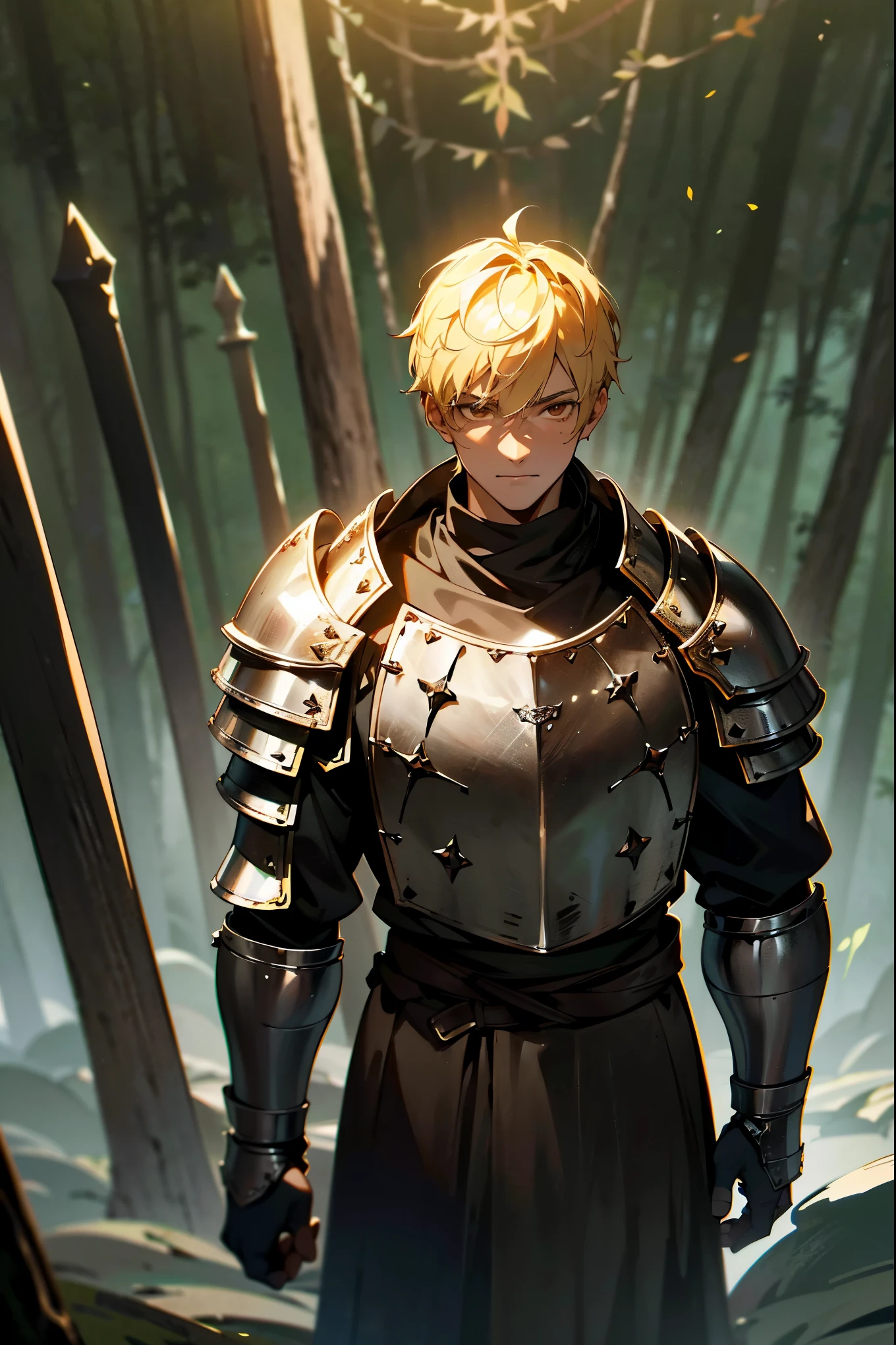 1 male,blonde hair,brown eyes,rugged warrior,chainmail armor,medieval sword,standing in a dark forest,glowing rune stones on the ground,(best quality,8k,highres,masterpiece:1.2),ultra-detailed,fantasy,medieval,dramatic lighting,cinematic