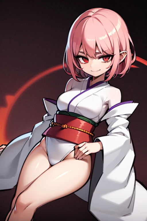 ((artwork, Best quality)), Front Lighting, (1 woman), (Alone), (female focus), (stand:1.3), (looking forward: 1.3), straight pose, Slender body, priestess, religious, ritual kimono, white and red kimono, ritual clothing, short hair, (very wide shot: 1.5), straight hair, pink hair, hair behind the ear, human ear, purple eyes, sexy eyes, seductive eyes, smile seductive, seductive, light reflection, anatomically correct