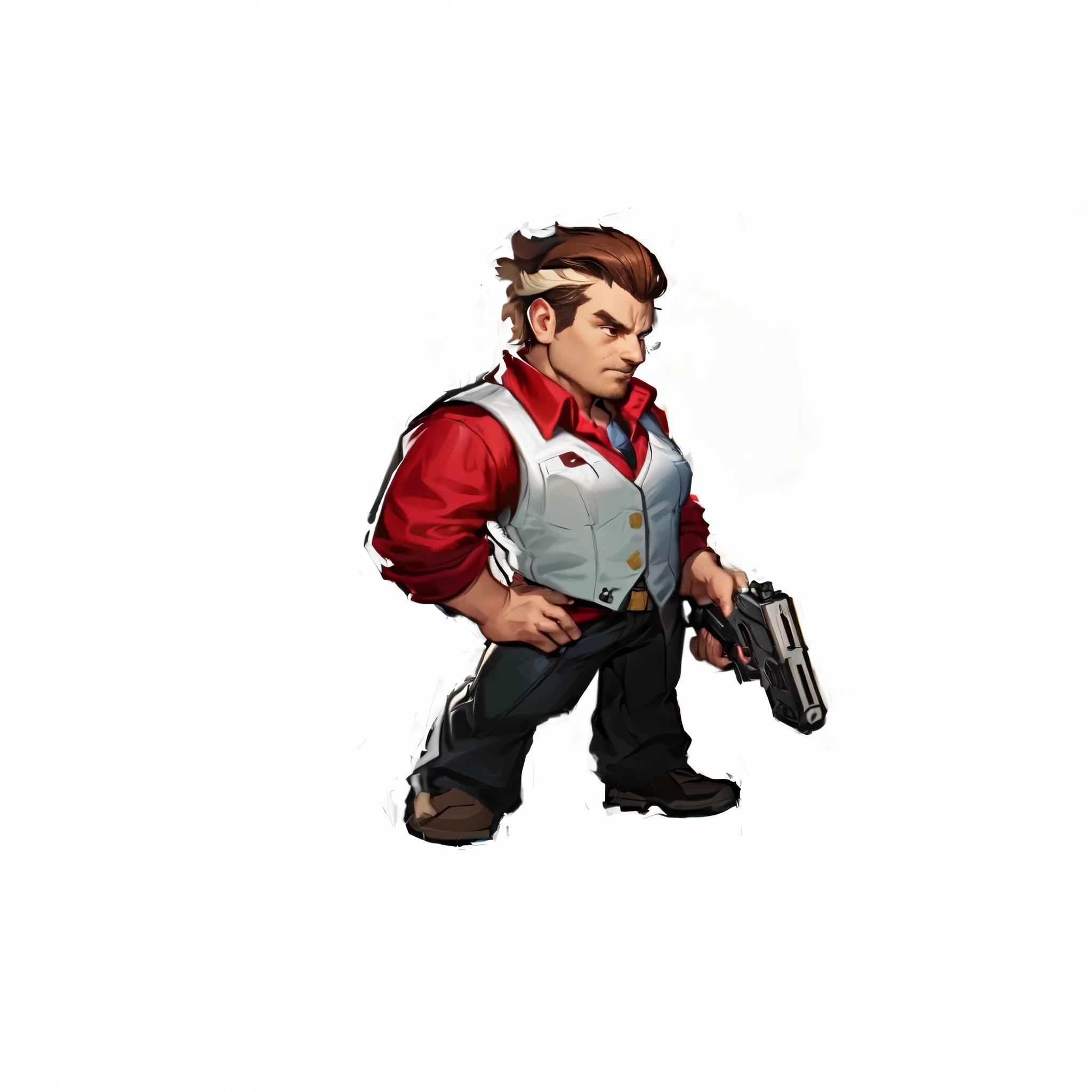 A left-handed gun，Man with right hand on waist，Brown hair，Red shirt，White vest，Fierce expression，masterpiece, best quality, (Extremely detailed CG Unity 8K ), (best quality), (Best Illustration), (Best shadow), Cartoon Style