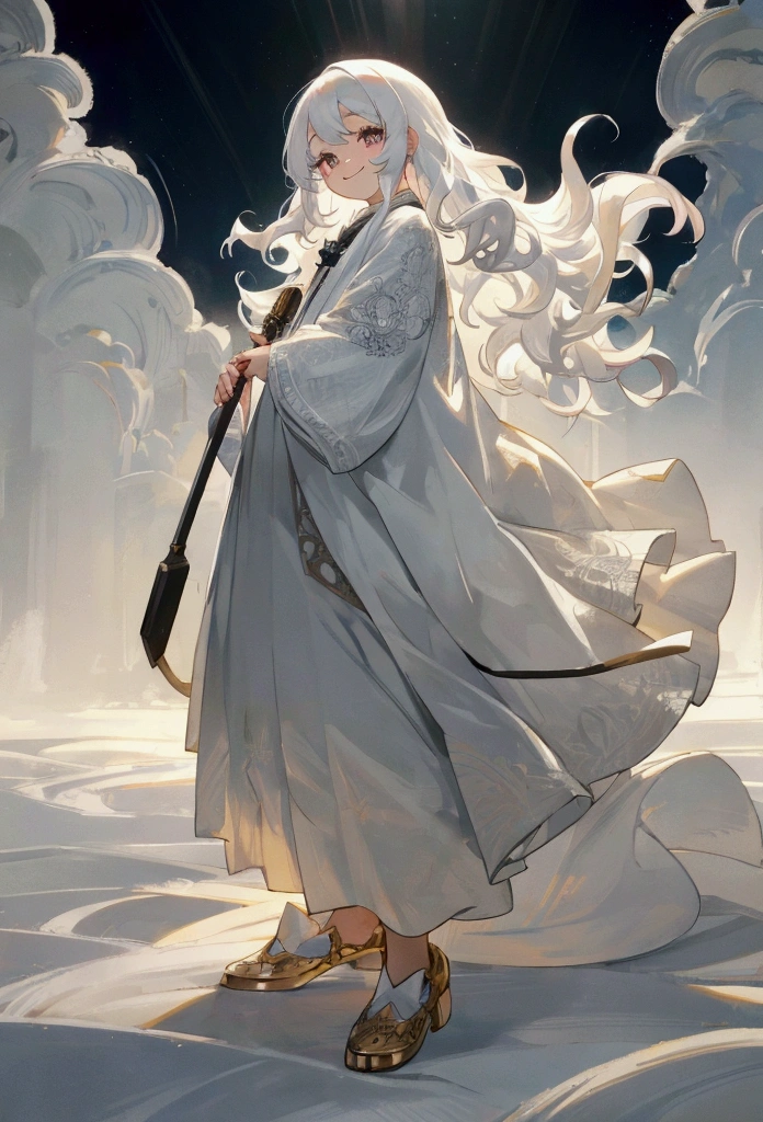 A 4-year-old with wavy white hair and silver eyes. Smiling at the audience. Full body