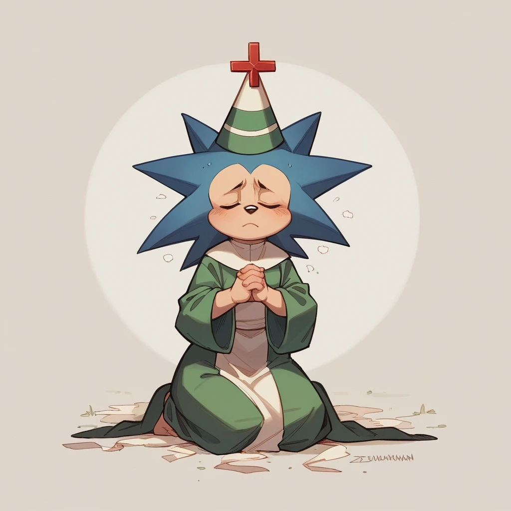 Jewish hedgehog praying kneeling, zionist symbol, closed hands, wearing a kippah hat