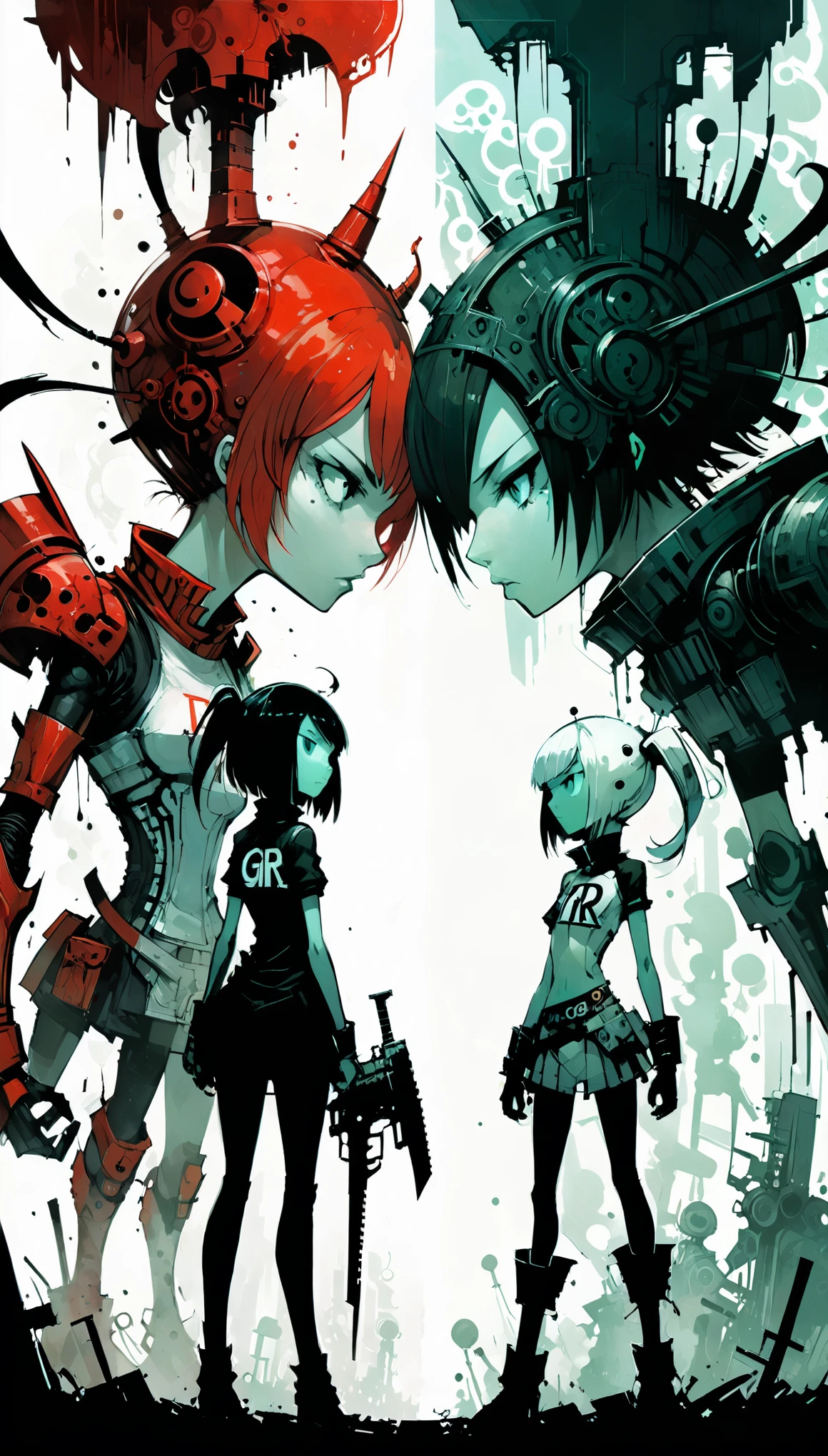 in style of ashley wood,in style of Alex Hirsch,in style of American McGee,
(cowboy shot:1.5),Face to face left half (catear girl switch) and right half (dogear gir fighter) in big capital letters, 2 sides of theimage, mirrored realms, intensity, captivating gaze