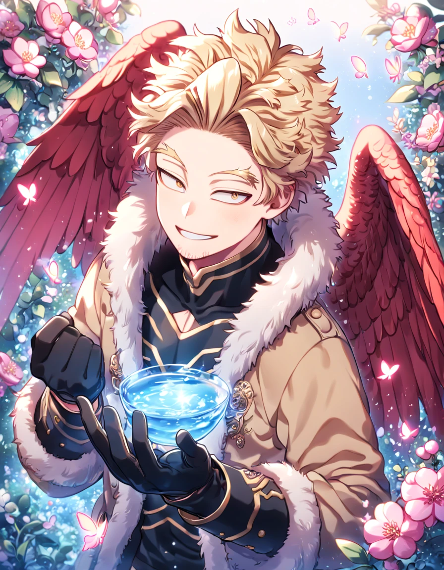 absurdres, highres, ultra detailed, HDR, master piece, best quality, extremely detailed face, delicated features, Hawks, ash-blonde hair, expressive golden brown eyes, faint stubble, red wings, Boku No Hero Academia, solo, sexy man, handsome, brown coat with fur collar, black tight shirt with patterns, black gloves, smile, fantasy, magical, pink butterflies, spring, pink leaves, pink flowers, water, garden