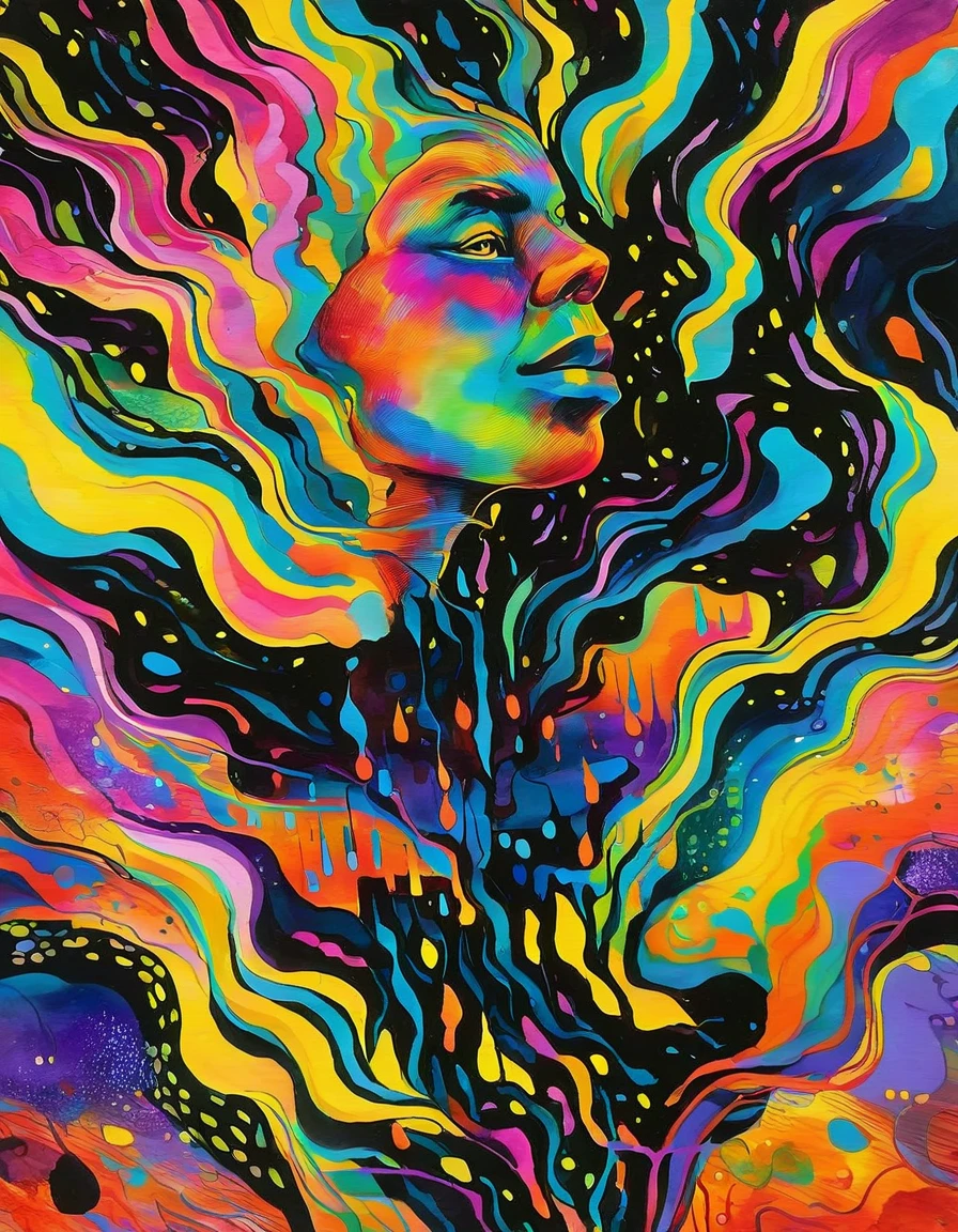 In a mesmerizing oil painting, a mysterious figure emerges from a haze of swirling colors. Their retro attire shines with metallic accents, while vibrant neon lights illuminate their expressionless face. The composition exudes nostalgia and intrigue, leaving viewers longing for a forgotten era. the gardens of sound made out of ral-hlgrphic,( hyperrealistic art breathtaking a lineart (vibrant alcohol ink sketch). [magnificent faetastic , , intriguing weirdness, color schemes extravaganza, mystery of darkness, unusual natural aesthetics, glossy].
