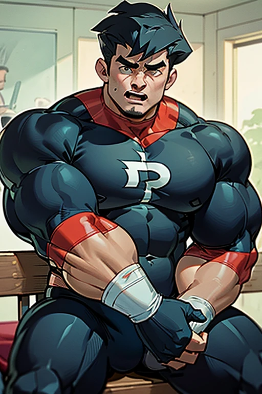 Danny Fenton in a locker room sitting on a wooden bench with brainwashed football jocks sitting on either side of him as he struggles not to be brainwashed as he is assimilated into their team. Turning into stereotypical football jock just like Dash Baxter. Black hair partially turned blonde. hyper muscles. Big biceps. Big triceps. Big traps. big lats. big deltoids. Big meaty pecs. Swollen crotch bulge. Tenting crotch. Open mouth. Sneer. Cocky smirk. IQ drain. Dumber and dumber. big dumb jock. Jock assimilation. Hypnosis. Hypnotic trance. Brainwashing. Brainwashed. Hypnotized. Entranced. Jock assimilation. Jock conversion. Meathead. Musclehead. Brute. Bro. "Feeling ... funny, but.... Focus, Danny! I have to resist. Have to ... break free.... Have to ... have to..... I ... m-must.... I ... must...." Speaking in a dull monotone as he falls into trance. "I must grow.... I must join the team.... I must conform.... I must obey.... Be a bro.... I must flex.... Must work out.... Love working out.... Get pumped.... Pump muscle up.... Pump brains out.... Bigger and bigger.... Dumber and dumber.... Don't think.... Hate smarts.... Just a big ... dumb ... jock.... Must grow big.... Must be dumb.... like Dash.... Dumb jocks rule.... We suck at school.... To every nerd, we must be cruel...." Sneering. Smirking. Cocky. Football uniform. Cleats. Shoulder pads. Jockstrap. Coach smiles approvingly and lays a hand on Danny's shoulder pad.