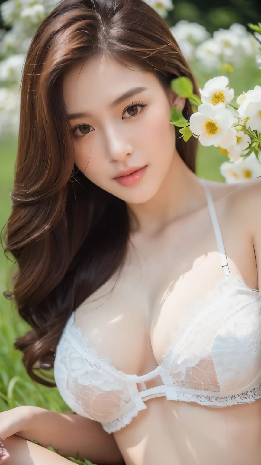 beautiful girl, slender face, Beautiful sharp eyes., My hair is very long., model face, Beautiful makeup, 18 years old, Wear white lace lingerie., big breasts, very big breasts, white skin, In a field of white flowers, Very high detail, 8k, mannequin,Focus on a sexy body, face focus, stand on flower, ((Portrait)), ((Seductive sexy gestures)), (((glamorous)))