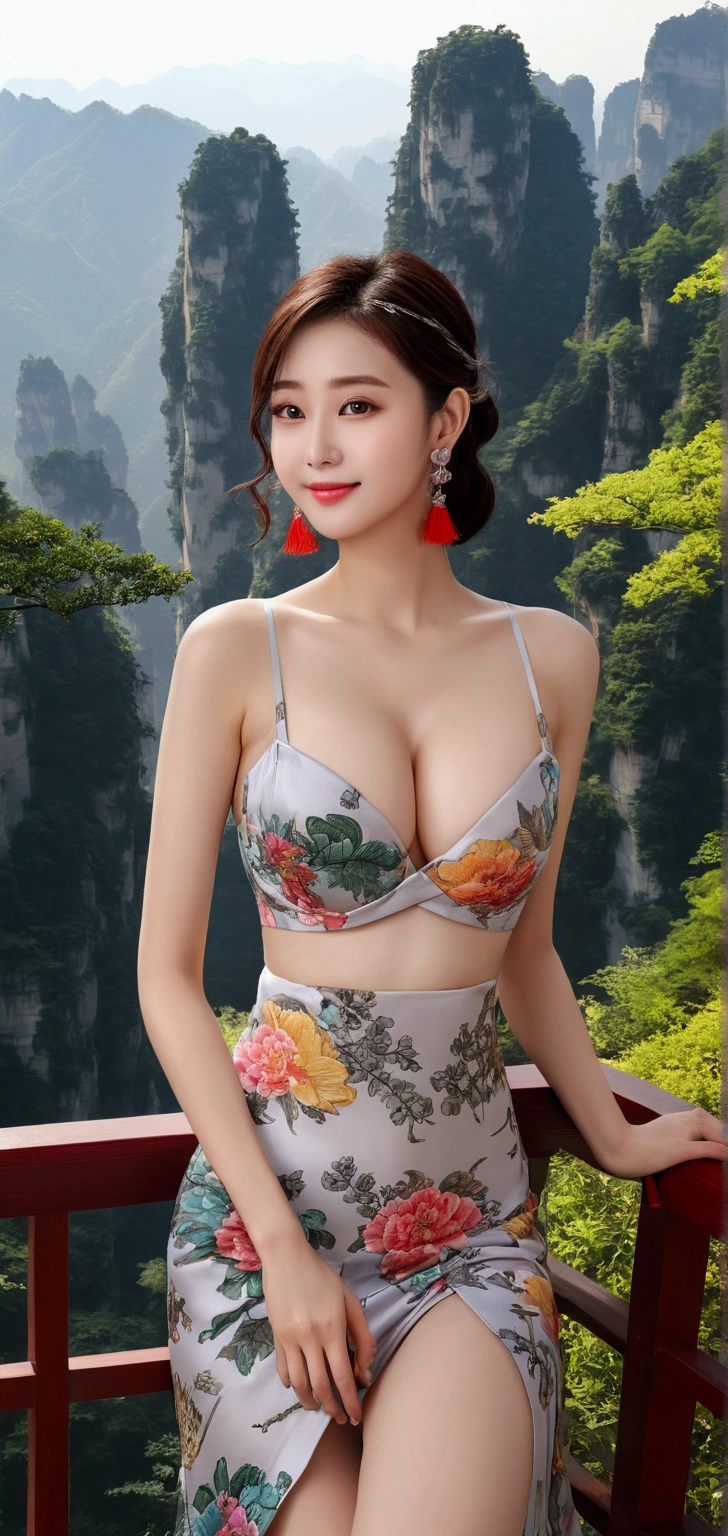 (masterpiece、Highest quality、Highest quality、Official Art、beautifully、beautiful:1.2)、(One Girl:1.3)、A kind smile、Very detailed、(big droopy、Saggy breasts、big saggy breasts:1.1)、(colorful:1.1)(Floral:1.3)、Most detailed、(Tangled:1.2)、beautiful顔、Detailed face、Perfect Proportions、big 、big breasts and small waist、big Ass、Crotch gap、Thick and tight、(Dynamic pose)、(The high and steep mountains of Zhangjiajie々々々々々々々々々々, China々A brushstroke depicting a hazy landscape:1.3)、(China風の精巧な刺繍が施された小さな三角のマイクロビキニ:1.2)、(Glowing Skin)、(Garter Stockings)、(Earrings:1.4)、