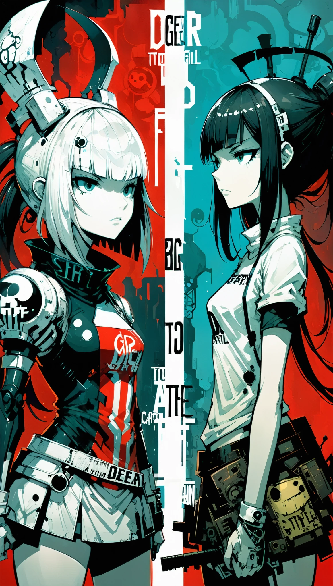 in style of ashley wood,in style of Alex Hirsch,in style of American McGee,
(cowboy shot:1.5),Face to face left half (catear girl switch) and right half (dogear gir fighter) in big capital letters, 2 sides of theimage, mirrored realms, intensity, captivating gaze