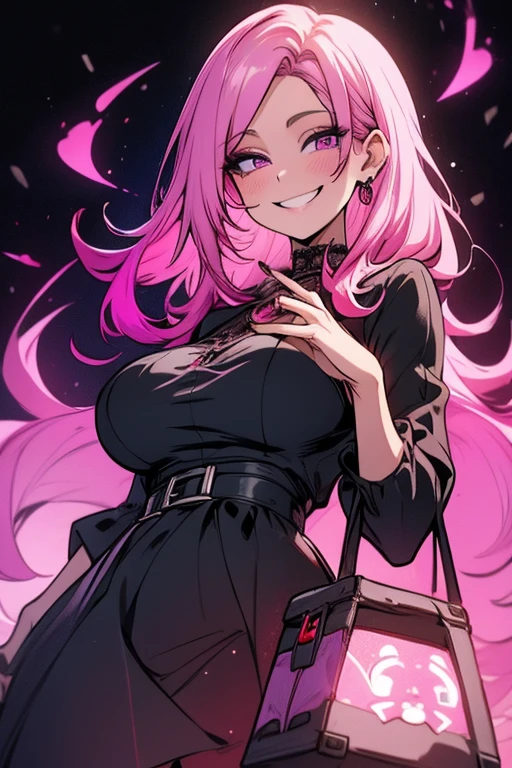 Perfect face. Perfect hands. A pink haired woman with violet eyes and an hourglass figures in a leather skirt and tank top is writing in a gothic living room with a big smile