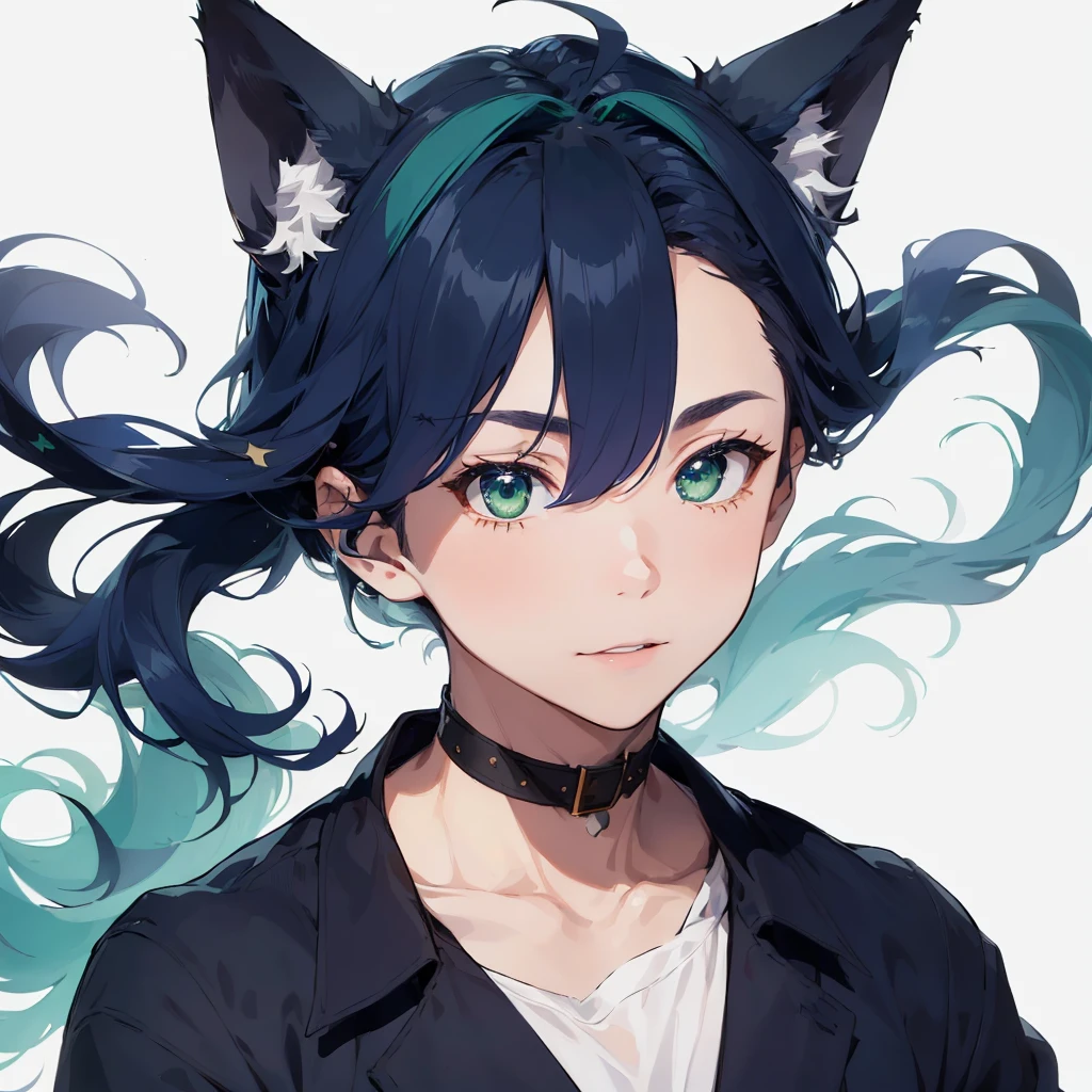 ((Highest quality)), ((masterpiece)), (detailed), ((A young man with navy blue fox ears)),((Navy Blue Hair)),((Green Eyes)),,Simple Background,The background is white,