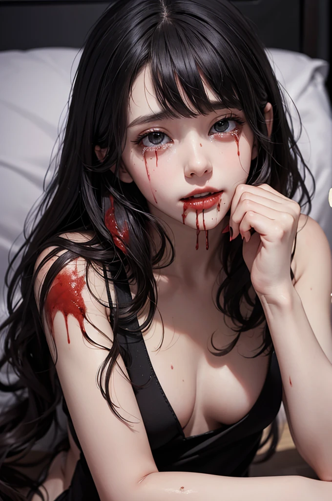 Highest quality, masterpiece, look up, cute,(Horror),(((Beautiful zombie girl))),Dead,Trying to bite,(((Bleeding,Injured))),(((Shedding tears of blood))),((口からBleeding)),((Covered in blood)),((Bitten all over the body)),((Sexy)),(sexy),((Small breasts)),(),(Middle scair,Bobcut,(((Masturbation))),(((Blowjob))),(((Sex,sexual behavior))),Beautiful Style,((Lower body exposed)),((Pale skin)),(Sensual look),Embarrassed,Sexy表情,Expressions of delight,Crazy Smile,(Dark atmosphere),(Dark atmosphere,fear),((Dim lighting)),(On the bed)