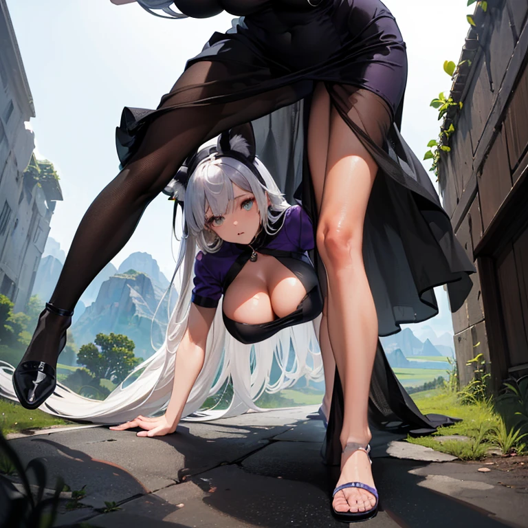 (8k, Realistic, RAW Photos, Highest quality, (from below:2), View your viewers: 1.3), (Fox Girl, Fox Ears, Silver Hair, One Girl, Long Hair, (Alone on the screen, dark skin), High definition:1.6), (Purple clothes, Outfit black see through dress:1.8), (Body measurements are 99-55-77!, Height: 145cm, Nice body, Big Breasts, slender, muscle, (Stand with your legs apart, I can see the valley, bent over):1.9),(美しいface, Delicate drawing, It is written down in detail), Avatar, face, 色っぽいface, Dominant representation, naughty face, Uplifting, Skin Texture, outside, ruins, Ruined City, Broken Building, There are no people